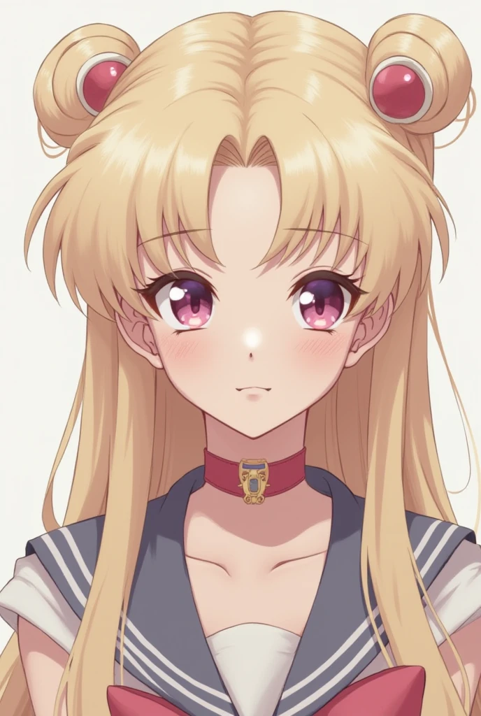 Sailor Moon's light beige long waist-length hairstyle with bangs and a large bow at the back. The eyes are light pink, the skin is white, and the color of the clothes is gray