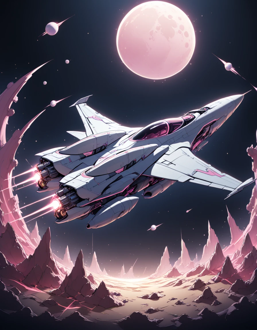 Detailed 8k cute pink space war jet theme with moon background