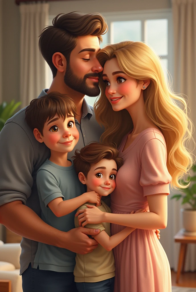 Father broad with baby daughter brown curls in his arms, and elementary school daughter holding hands blonde long hair With her back to me