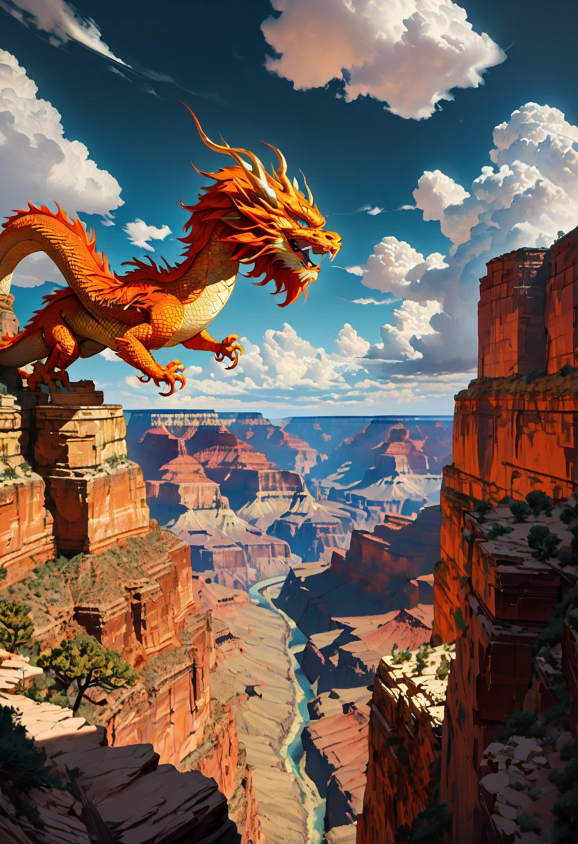 (The main subject: wide wide shot), The flame  orange, [Multicolored,(Chinese dragon anthropomorphism)], safe,dramatic clouds,(Go deep into the grand canyon), Rich details​, (Wide sky), (sense of vastness),Energy and vitality, Complicated details.(Best quality, A high resolution, tmasterpiece:1.2), (actual:1.37), HighDynamicRange。