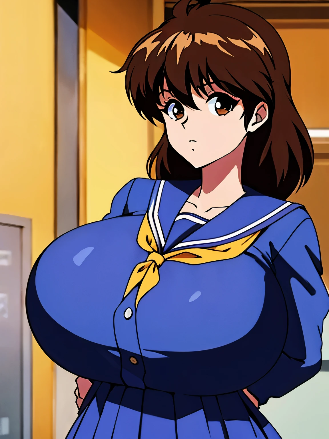 (masterpiece:1.2, highest quality:1.2), anime, illustration, 1 girl, alone, K3iko, skirt, brown hair, medium shoulder hair, long sleeves, brown eyes, serafuku uniform, sailor uniform, pleated skirt, blue skirt, neckerchief, ultra large breasts, ultra huge tits, ultra huge boob, ultra huge cleavages, (((no back grounds))), standing, ((look at viewer)), 