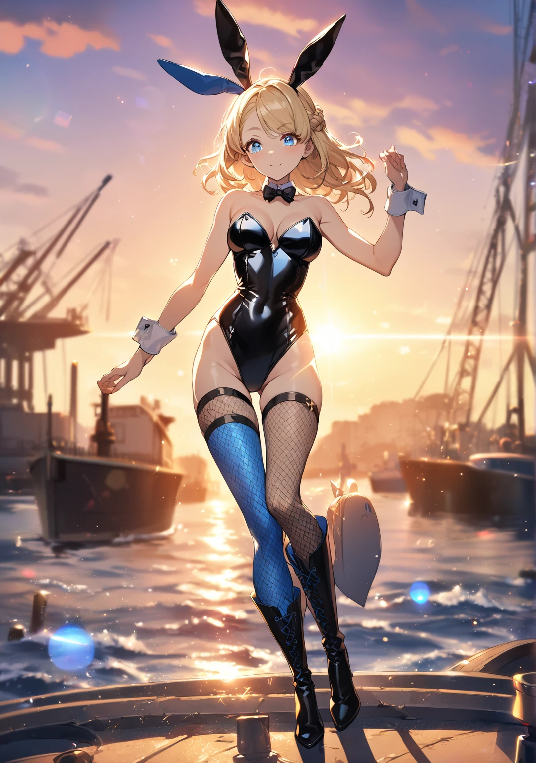 masterpiece, best quality, highres, 1girl, solo, superhero, leotard, bare legs, boots, matching boots, aura, blue aura, sleeveless, gloves, bracelets, matching gloves, looking at viewer, light particles, city backdrop, perfect hands, perfect eyes, powering up, perfect leotard, perfect legs, perfect arms, perfect fingers, blue and white leotard, blonde hair, blue eyes, medium breasts, long hair, spinning, tornado spin, whirlwind, wind particles, light swirls, tornado, hurricane spin, time travel, tornado winds, cyclone spin,