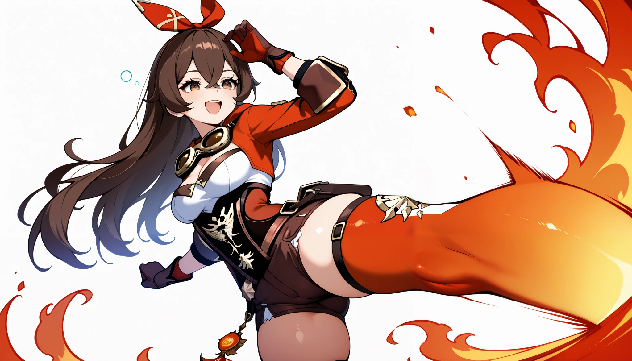 masterpiece, best quality, 32k, high resolution, absurdres, medium breasts, (curvy), cute, eyelashes, vivid colors, shiny hair, shiny skin,
simple background, fire enveloping, fire aura, neolight, foreshortening, dutch angle, dynamic pose, sleepy eyes, laughing, from side, crotch kick, groin kick, testicles, femdom,
zzAmber, amber (genshin impact), solo, long hair, bangs, brown hair, ribbon, hair between eyes, brown eyes, hair ribbon, sidelocks, hairband, thighhighs, gloves, long sleeves, cleavage, shorts, white gloves, goggles, goggles around neck,