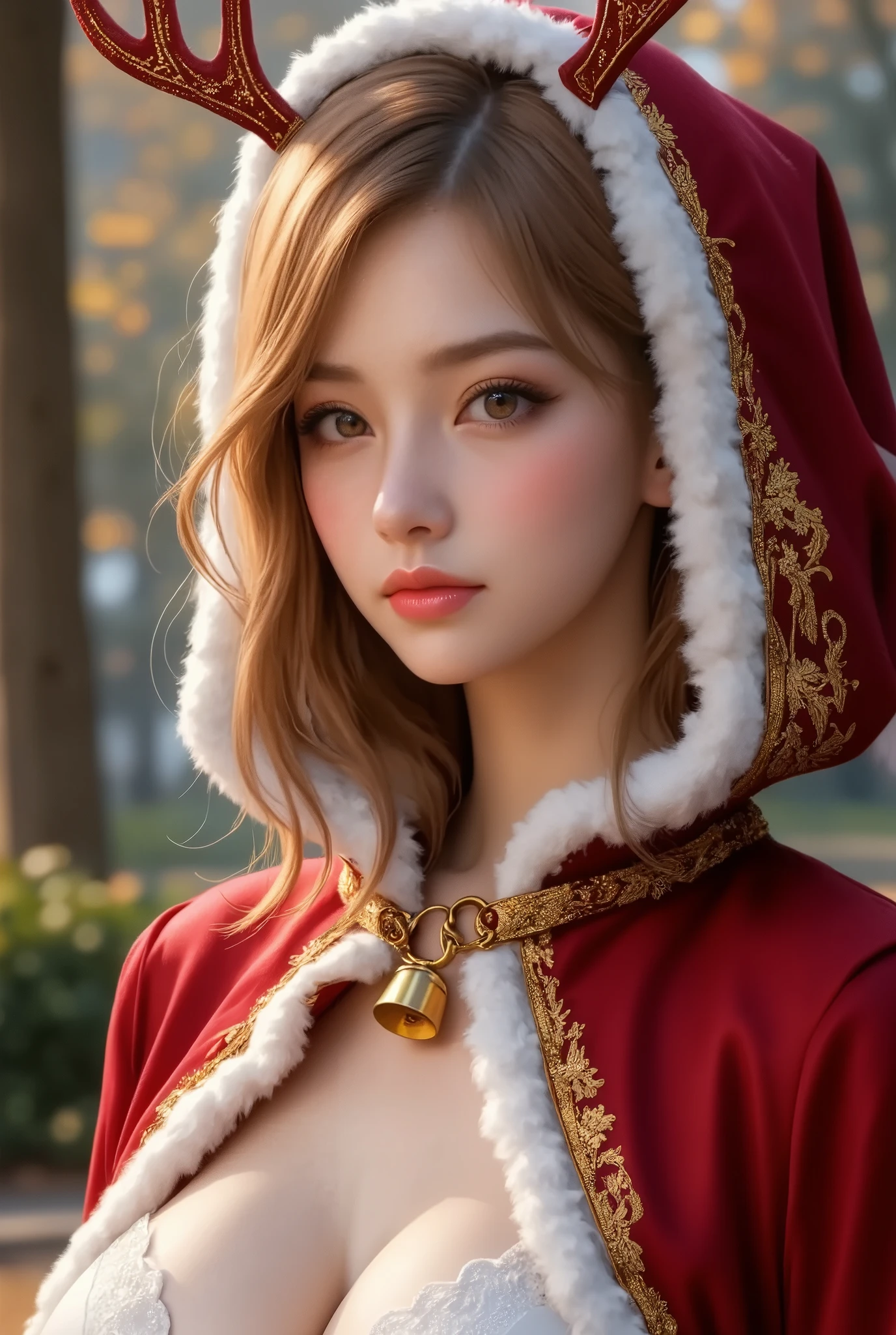 (ultra detailed, absolutely resolution, best quality:1.3), 2.5D, delicate and dynamic, shading effects, hyper realistic, artistic photography,, (full body view of a long blond haired woman:1.3), (christmas Santa Claus costume, Red Cloak, Bell,eindeer antler headband:1.7), Inspired by Magali Villeneuve, fantasy art portrait , fantasy portrait art, detailed matte fantasy portrait , Alice x. open, fantasy portrait , epic fantasy art portrait , beautiful fantasy art portrait , Magali Villeneuve, Graphic Artist Magali Villeneuve, Fantasy genre portrait , epic fantasy digital art style