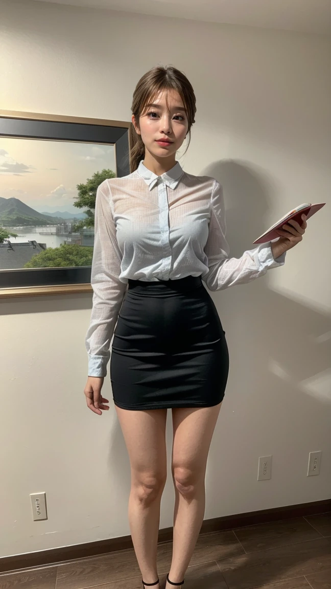 a beautiful detailed Japanese woman, 24 years old, with healthy thighs, beautiful legs, beautiful skin, random hair color and hairstyle, large breasts, female secretary, wearing a miniskirt, (she is standing:1.2), full body shot, high heels, holding a notebook in one hand, (best quality,8k, masterpiece:1.3), (extremely detailed:1.2), perfect anatomy, Ami Inamura