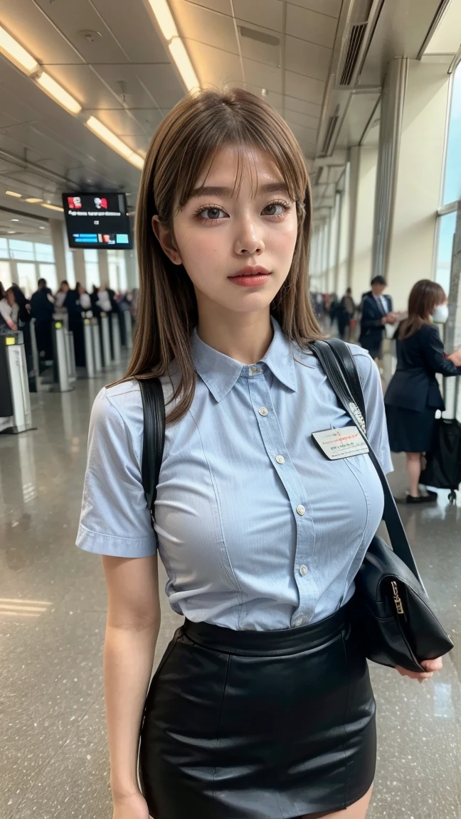 A beautiful, 24-year-old Japanese woman with perfect anatomy, healthy thighs, beautiful legs, beautiful skin, random hair color and style, large breasts, (wearing a flight attendant uniform with a mini-skirt:1.3), (she is standing:1.2), full body shot, pumps, carrying a suitcase, at the airport, (best quality,4k,8k,highres,masterpiece:1.3),(extremely detailed:1.2),realistic,photorealistic,photo-realistic:1.37,professional,vivid colors, studio lighting, Ami Inamura