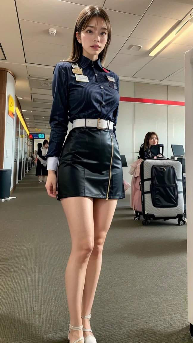 A beautiful, 24-year-old Japanese woman with perfect anatomy, healthy thighs, beautiful legs, beautiful skin, random hair color and style, large breasts, (wearing a flight attendant uniform with a mini-skirt:1.3), (she is standing:1.2), full body shot, pumps, carrying a suitcase, at the airport, (best quality,4k,8k,highres,masterpiece:1.3),(extremely detailed:1.2),realistic,photorealistic,photo-realistic:1.37,professional,vivid colors, studio lighting, Ami Inamura