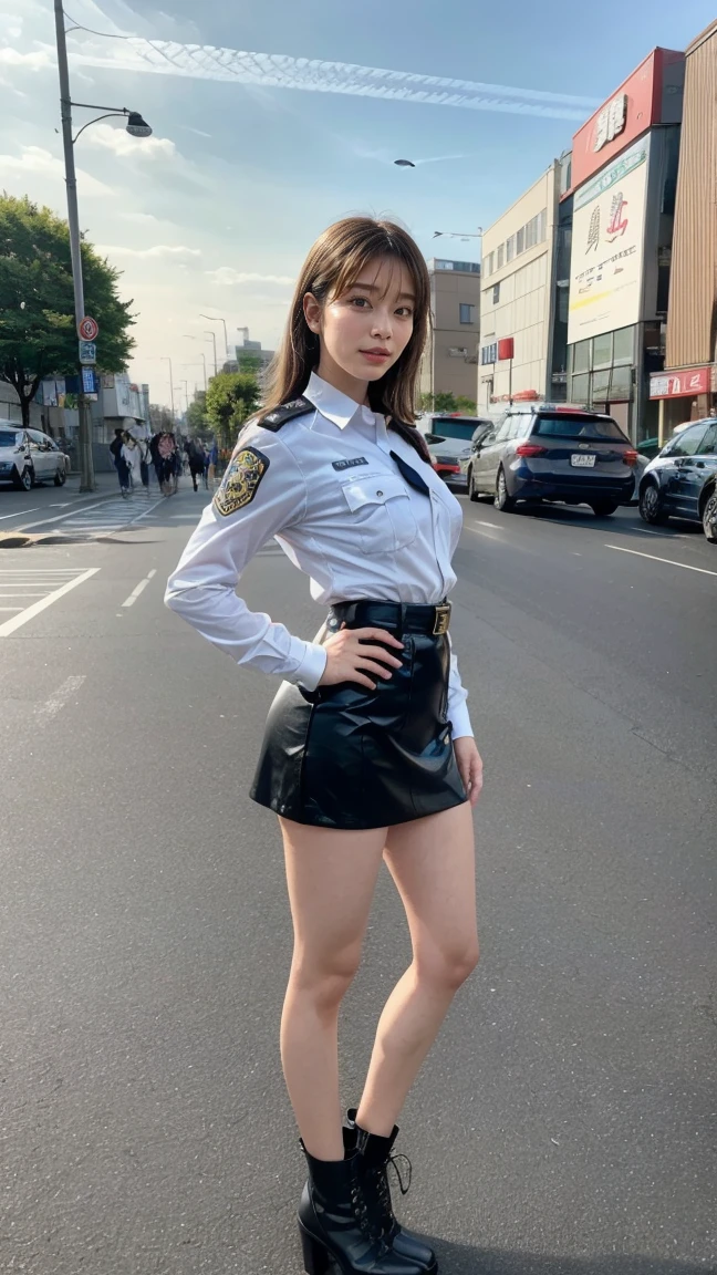 beautiful Japanese woman, 22 years old, perfect anatomy, healthy thighs, beautiful legs, beautiful skin, random hair color, random hairstyle, large breasts, female police officer, (Japanese police uniform:1.3), (miniskirt:1.3), (she is standing:1.2), full body shot, high heels, city street, (best quality, 4k, 8k, highres, masterpiece:1.3), (extremely detailed:1.2), Ami Inamura