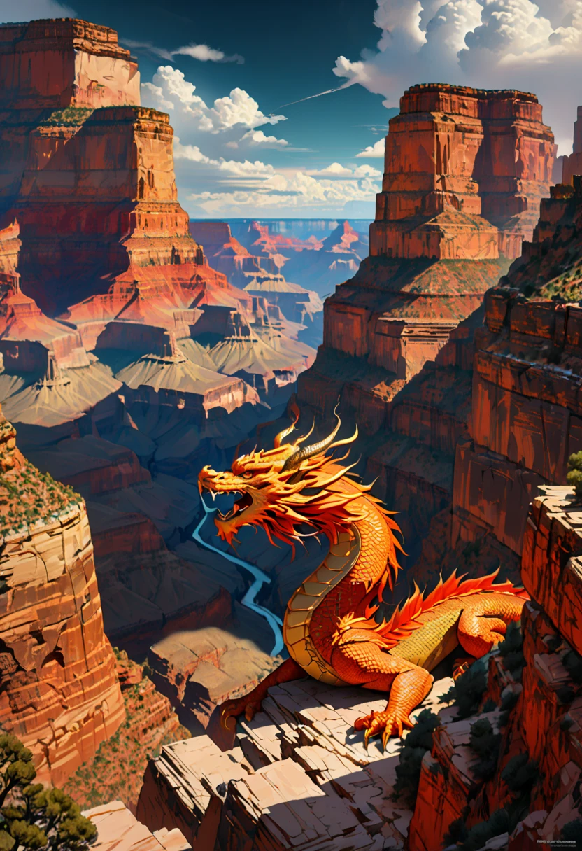 (The main subject: wide wide shot), The flame  orange, [Multicolored,(Chinese dragon anthropomorphism)], safe,dramatic clouds,(Go deep into the grand canyon), Rich details​, (Wide sky), (sense of vastness),Energy and vitality, Complicated details.(Best quality, A high resolution, tmasterpiece:1.2), (actual:1.37), HighDynamicRange。