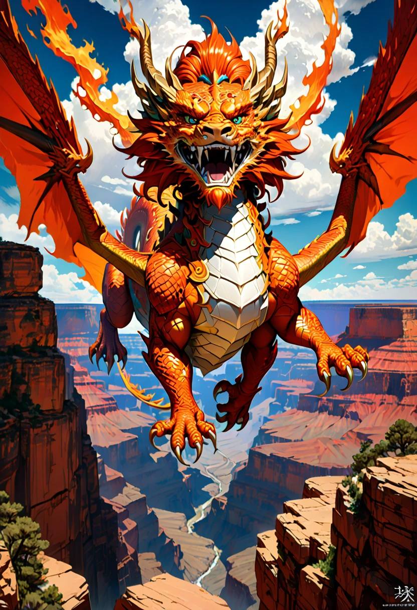 (The main subject: wide wide shot), The flame  orange, [Multicolored,(Chinese dragon anthropomorphism)], safe,dramatic clouds,(Go deep into the grand canyon), Rich details​, (Wide sky), (sense of vastness),Energy and vitality, Complicated details.(Best quality, A high resolution, tmasterpiece:1.2), (actual:1.37), HighDynamicRange。