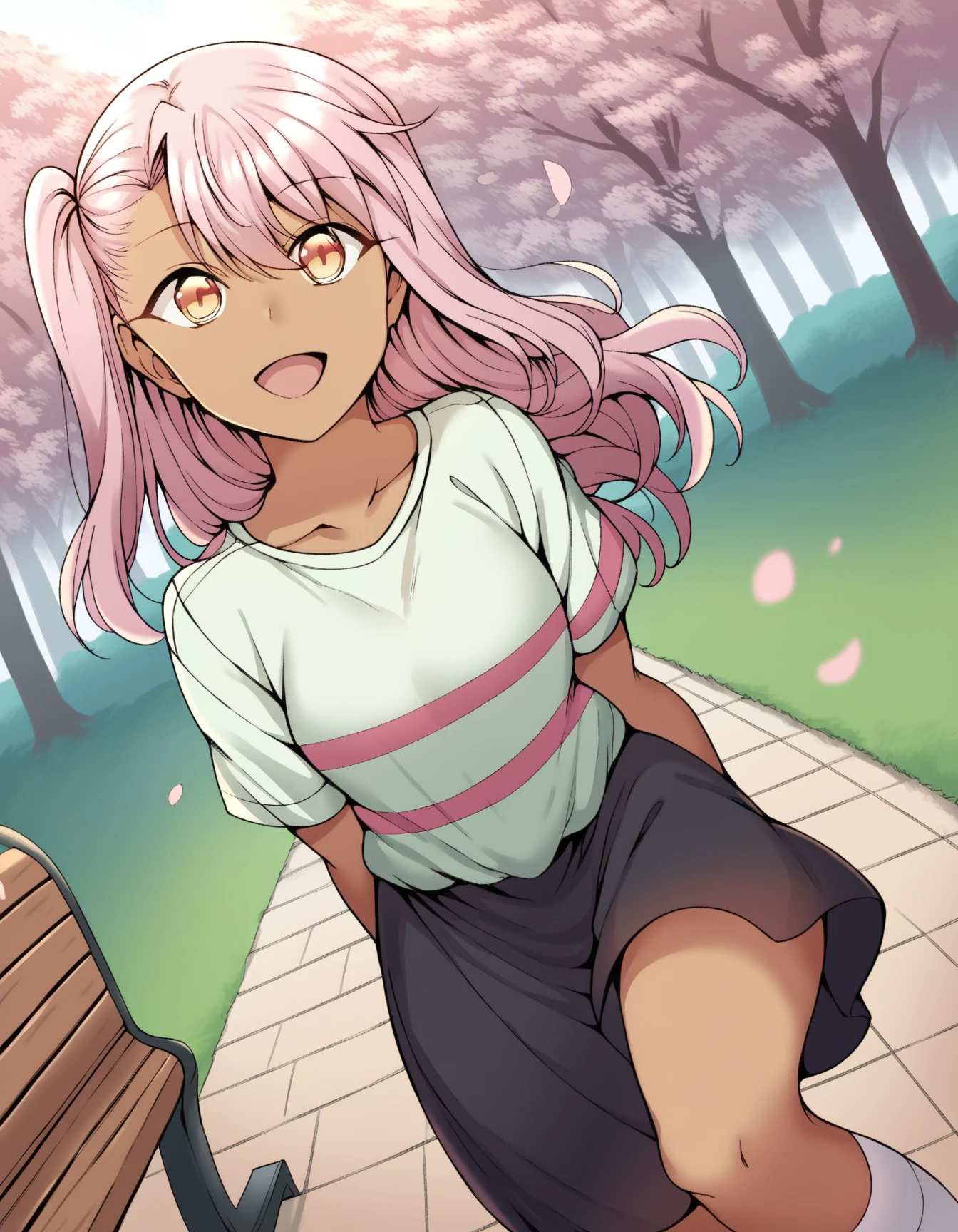 score_9, score_8_up, score_7_up, source_anime, chloe von einzbern, long hair, hair between eyes, yellow eyes, pink hair, dark skin, dark-skinned female,, skirt, shirt, collarbone, white shirt, short sleeves, shorts, socks, striped, one side up, white socks, brown skirt, striped shirt, green shirt,, park, cherry blossoms, bench, gentle breeze, peaceful, running, open mouth,, smile, , hand behind back, elbow bent, solo,, cowboy shot, dutch angle