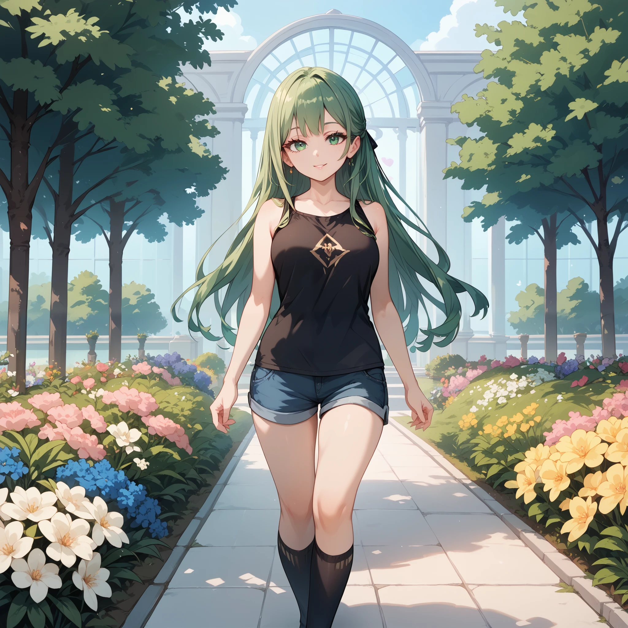 long green hair , green eyes, very short sleeveless black shirt with V-neck, shorts de academia, black knee-high socks, black eyelashes, walking in a beautiful garden filled with flowers outdoors with a look of happiness.