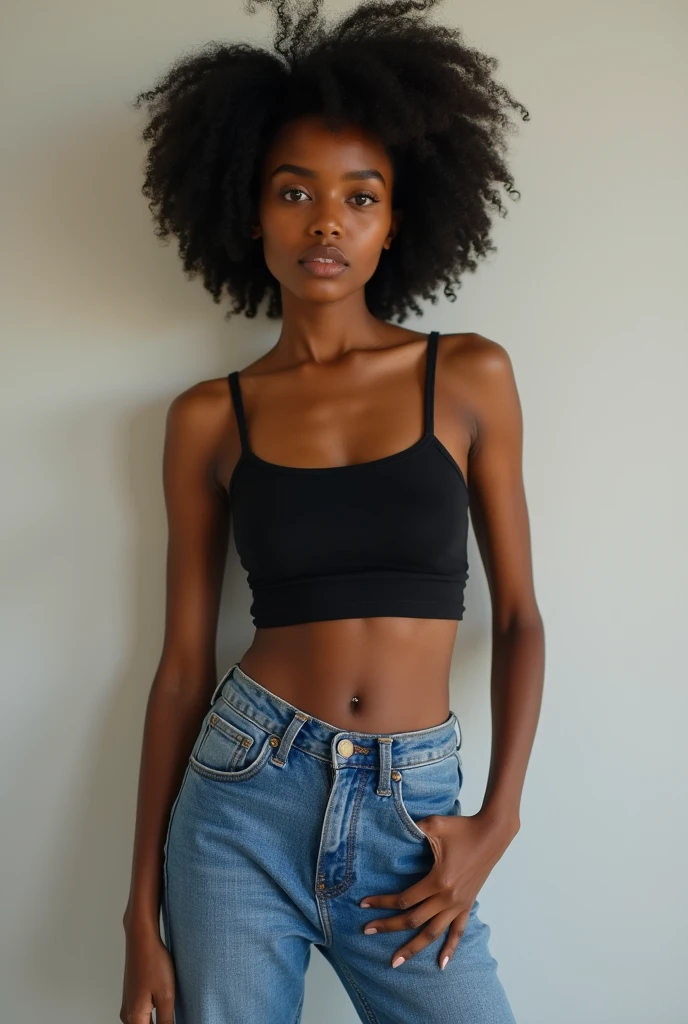 Young ebony lady, slim with gigantic boobs, casual clothes, no makeup, all natural, wearing a blue tank top and high waisted jeans