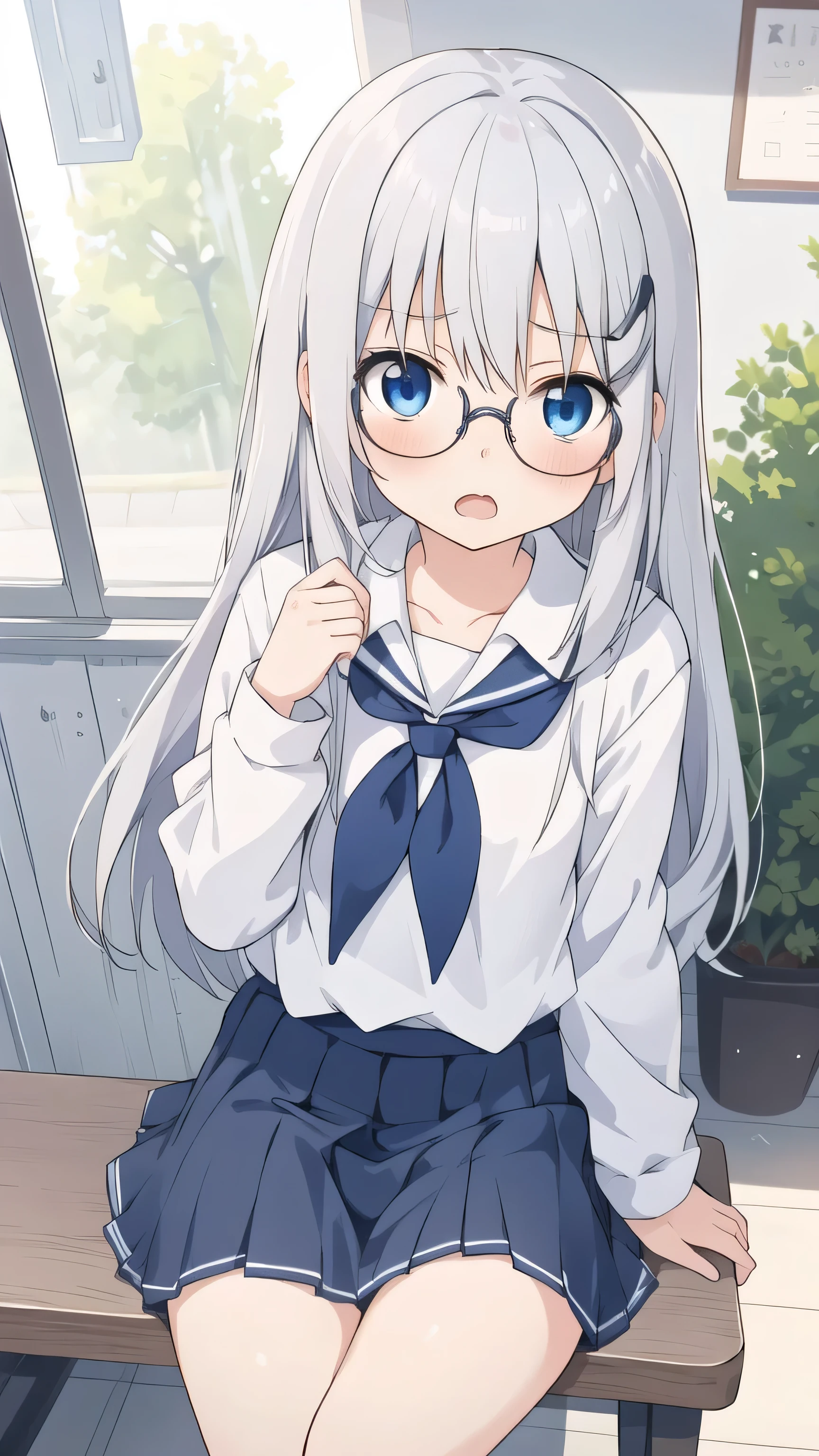 cute girl, anime, silver hair, straight hair, blue eyes, (young:1.3), (Small Bust :0.9), (cute:1.3), (middle bust:0.7), (cute girl:1.2), cowboy shot, cute, (slender:1.4), open mouth, shy, side shot, Glasses, cute, sit down, lower angle, white school uniform, dark blue skirt