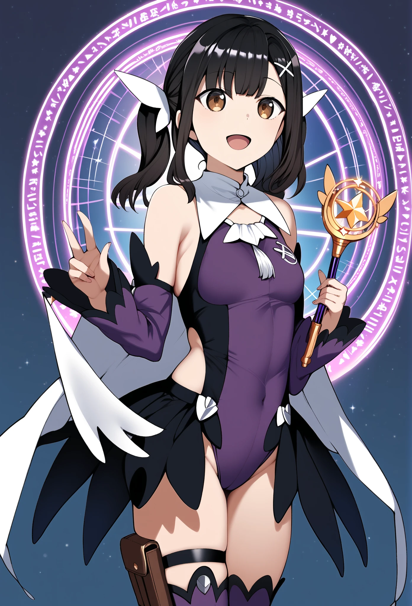 score_9, score_8_up, score_7_up, score_6_up, score_5_up, score_4_up, source_anime, aamiyu, black hair, twintails, x hair ornament, brown eyes, small breasts, bare shoulders, magical girl, white cape, purple leotard, detached sleeves, purple sleeves, showgirl skirt, black skirt, thigh strap, thigh pouch, purple thighhighs, standing, cowboy shot, holding wand, smile, open mouth, magic circle,