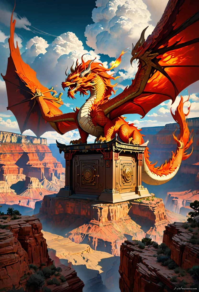 (The main subject: wide wide shot), The flame  orange, [Multicolored,(Chinese dragon anthropomorphism)], safe,dramatic clouds,(Go deep into the grand canyon), Rich details​, (Wide sky), (sense of vastness),Energy and vitality, Complicated details.(Best quality, A high resolution, tmasterpiece:1.2), (actual:1.37), HighDynamicRange。