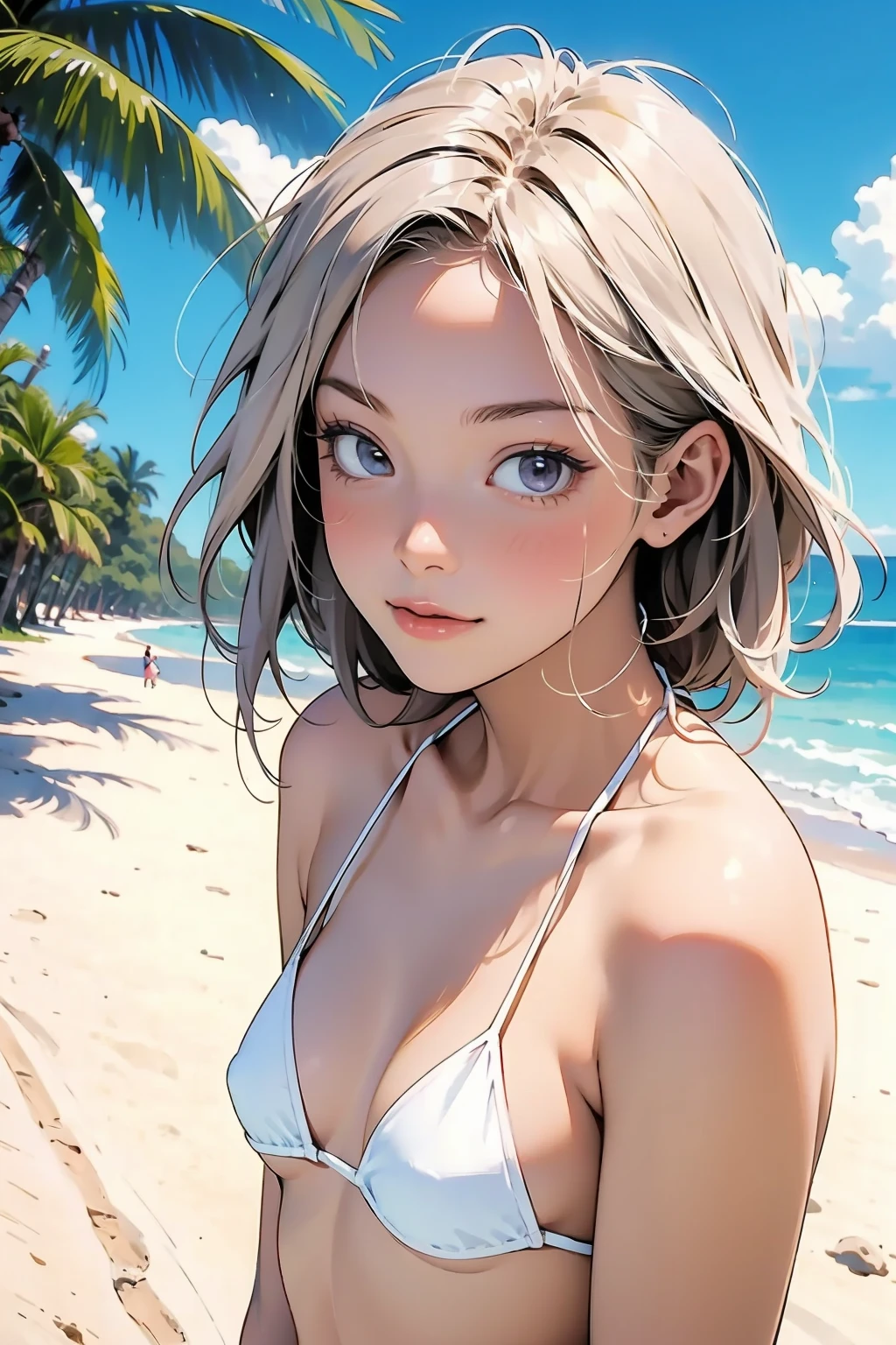 (:1.4),(Very young face), ( Famous Japanese Idol ),  1 girl,  1 girl, (  Tiny White Micro Bikini Style:1.4), Walk along the beach,  Sunshine , (masterpiece:1.0),(Highest_quality:1.0), 超 high res,4K, ULTRA DETAIL, photograph, 8k,  high res,  high res, ( Perfect Anatomy:1.2),(Beauty of form:1.4) Golden Ratio,  Big Eye,(Natural Providence :1),