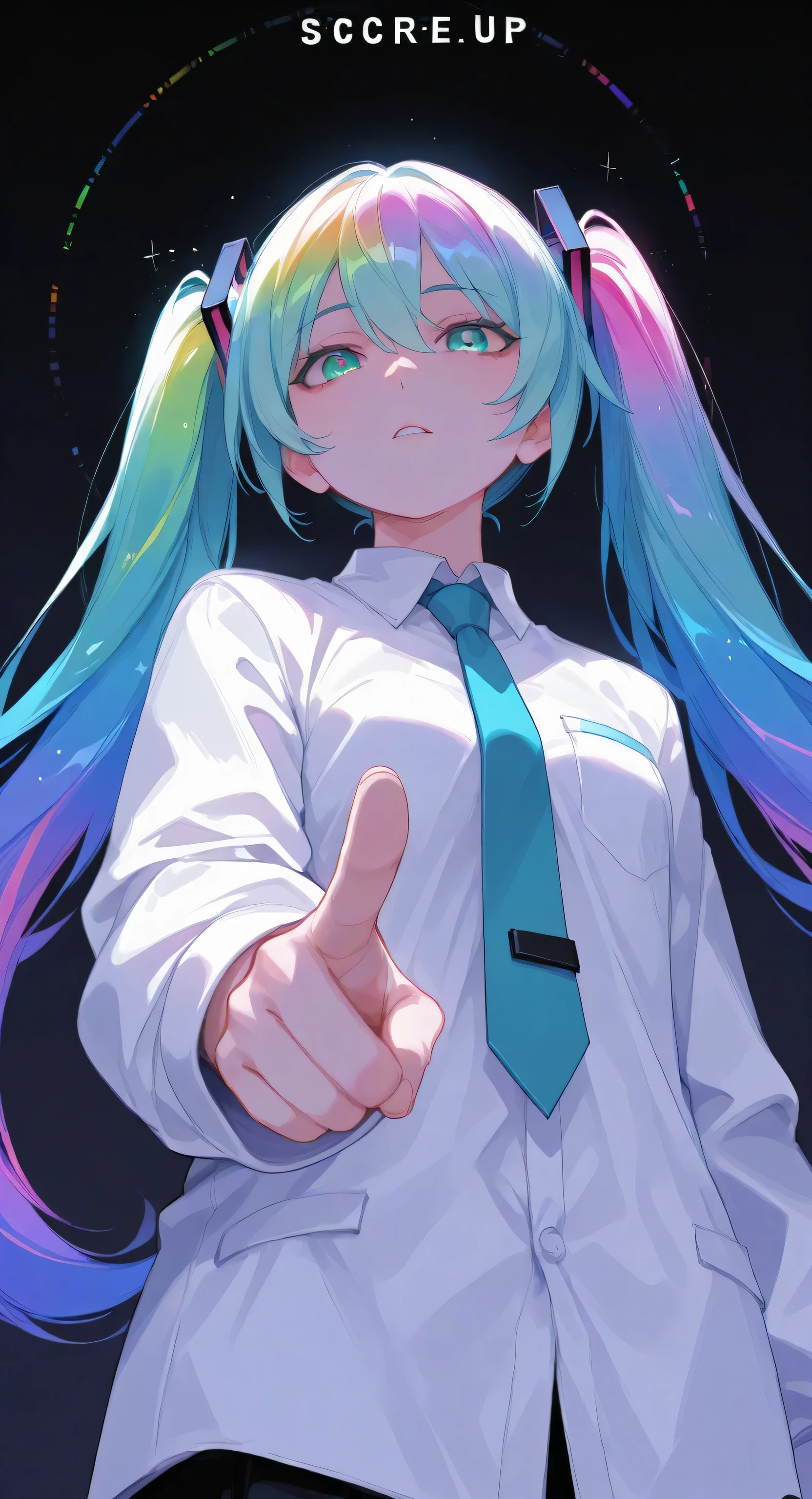 masterpiece, top quality , Great Quality, Very Psychedelic , absurd,up to date, Official Art, point of view looking up from below, ( Fajo Geno :0.5),( chiaroscuro:0.5),  Hatsune Miku , Black Gradient Background, colorful , vibrant,Shine outline,(neon:1.2), black light , viewers,White Mist, focus on face ,pointing,Shine_hair, brilliant 、妖しくShine瞳
