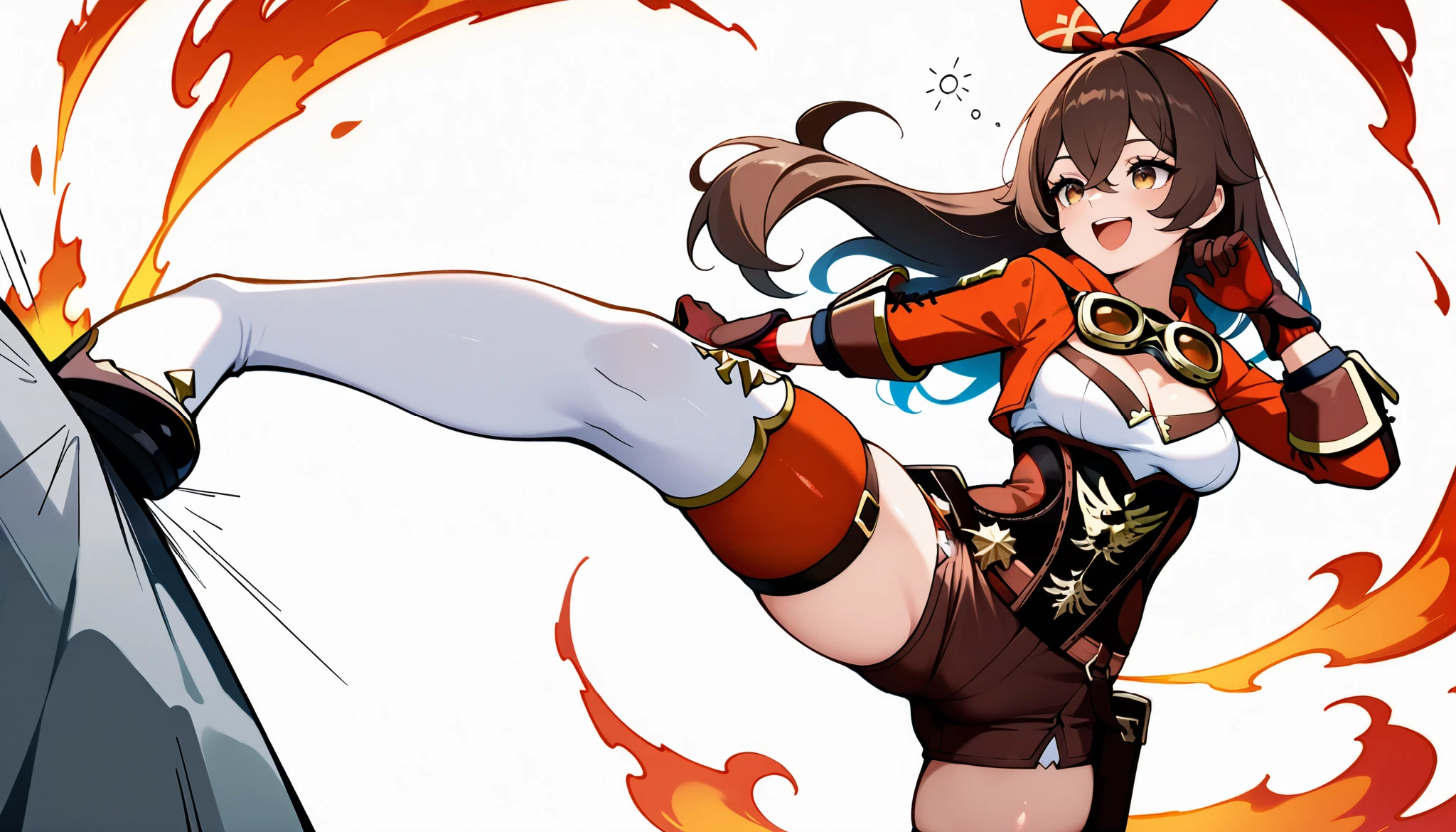 masterpiece, best quality, 32k, high resolution, absurdres, medium breasts, (curvy), cute, eyelashes, vivid colors, shiny hair, shiny skin,
simple background, fire enveloping, fire aura, neolight, foreshortening, dutch angle, dynamic pose, sleepy eyes, laughing, from side, crotch kick, groin kick, testicles, femdom,
zzAmber, amber (genshin impact), solo, long hair, bangs, brown hair, ribbon, hair between eyes, brown eyes, hair ribbon, sidelocks, hairband, thighhighs, gloves, long sleeves, cleavage, shorts, white gloves, goggles, goggles around neck,