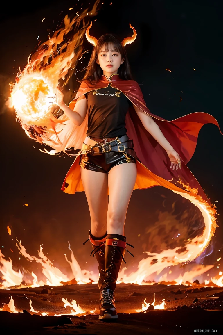 (1girl,solo),full body, gradient_background, ((burning,breathing fire, explosion,fiery tail)), torn clothes,cape,horns,holding_sword, 