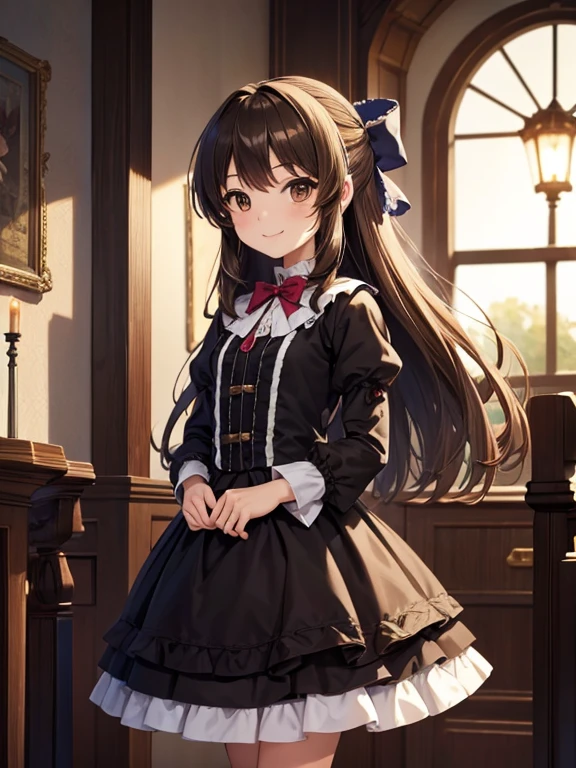 masterpiece,  top quality ,   Alice Tachibana  , Alone, ( small),  brown eyes,Brown Hair, half up ,hair bow,
 smile,  standing,  gothic lolita , indoor,