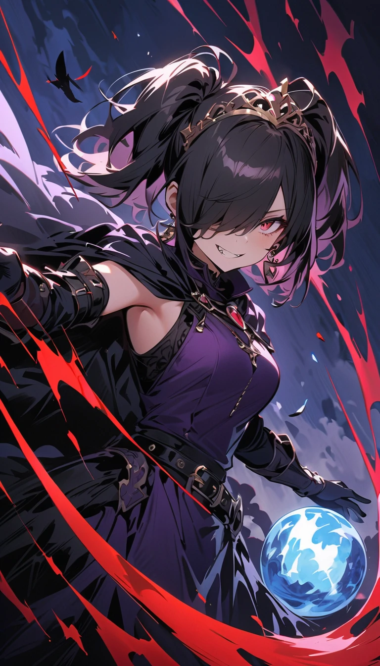 In ancient times, a mature woman, solo, with a crown on her head, ((red magic cloak)), (pale), a muscular left hand pushing open the door, ((stretching out her right hand in a half-grip shape, purple flames coming out of her palm)), plump chest, purple eyes emitting cold light, (sharp eyes), (purple runes spread on the arm)), fierce expression, full body photo, (medium view), rune close-up