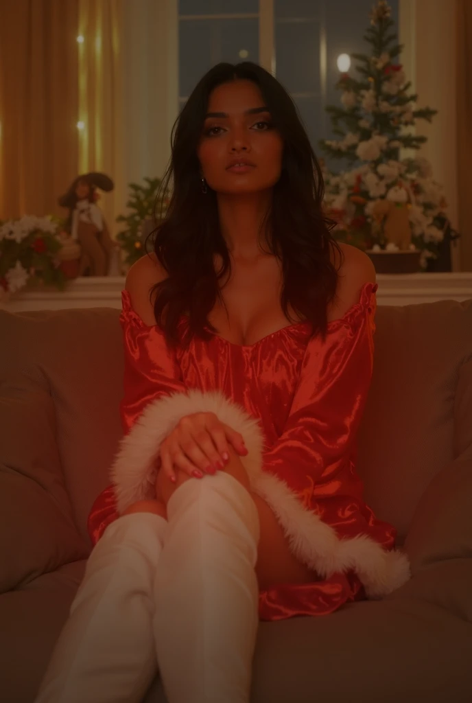 a cute woman, Ariana Grande (age 25), airy sheer hip length fully open night gown (not tied) (midriff and genitals exposed), no underwear, kneeling on a fur rug, near fireplace, Christmas decorations, petting a bunny, flirtatious, ultra-detailed, 8k, highres, masterpiece, realistic, photorealistic, photo-realistic, HDR, UHD, studio lighting, ultra-fine painting, sharp focus, physically-based rendering, extreme detail description, professional, vivid colors, bokeh, portraits, chiaroscuro lighting, warm color tones