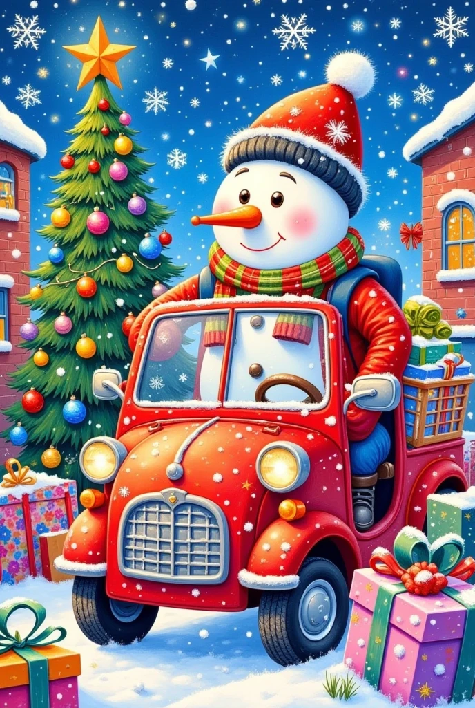  A snowman in a suit sits behind the wheel of a car
Delivers New Year gifts
In the style of Greg Simkins, Josephine Wall, new year landscape 