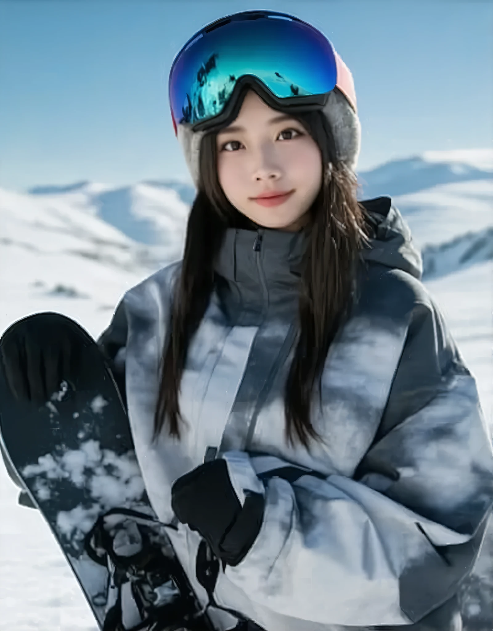 masterpiece:1.37, ultra-realistic, photorealistic, dramatic scene, shadow, global-illumination, alone, (age Japanese famous idol girl:1.5), ( Beautiful Eyes, symmetrical eyes), very beautiful Japanese girl, very beautiful with very cute but boyish cool face, ((twintail)), (medium breasts), slim waist, (wearing a snowboard wear:1.2), (medium breasts), She is holding a snowboard, (Holding a snowboard with both hands), (at on snow mountain:1.21), (full body)
