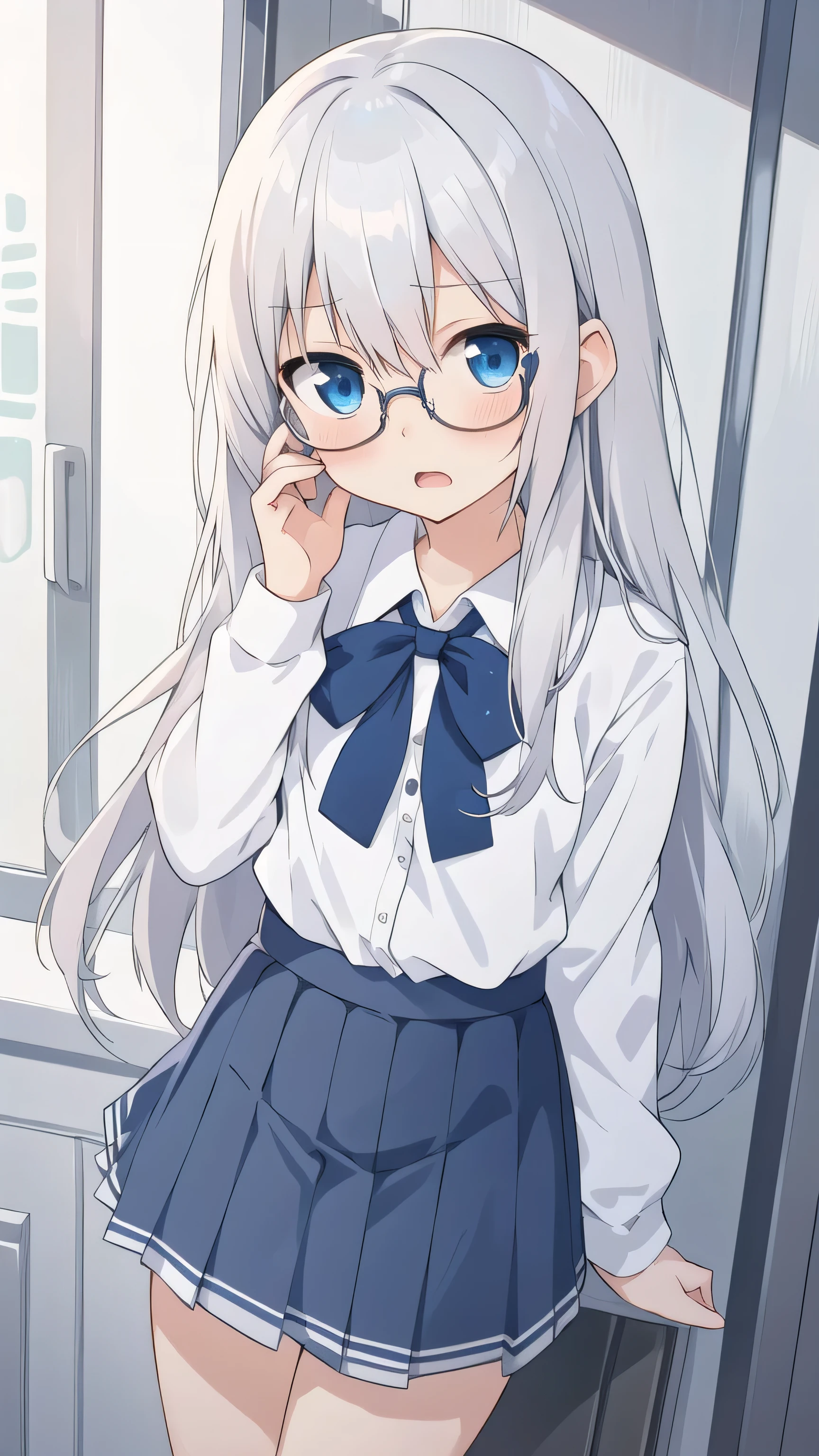 cute girl, anime, silver hair, straight hair, blue eyes, (young:1.3), (Small Bust :0.9), (cute:1.3), (middle bust:0.7), (cute girl:1.2), cowboy shot, cute, (slender:1.4), open mouth, shy, side shot, Glasses, cute, lower angle, white school uniform, (dark blue skirt:1.2), shy