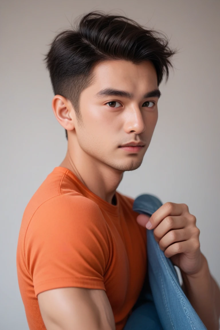 Realistic masterpiece, young Chinese man, Chinese male actor, 18 years old, handsome, Good shape, big muscles, black hair, revealed in the middle, Bright black eyes, Narrow eyes, Prominent nose, Thin mouth, Height 180 cm, Not wearing a shirt, Good shape, Wearing white underwear., Wear white underwear Sharp and detailed face. Pictures taken with the Canon 50k camera are clear.. Pinkish-white skin. ใบหน้าhandsome.Clear Face.