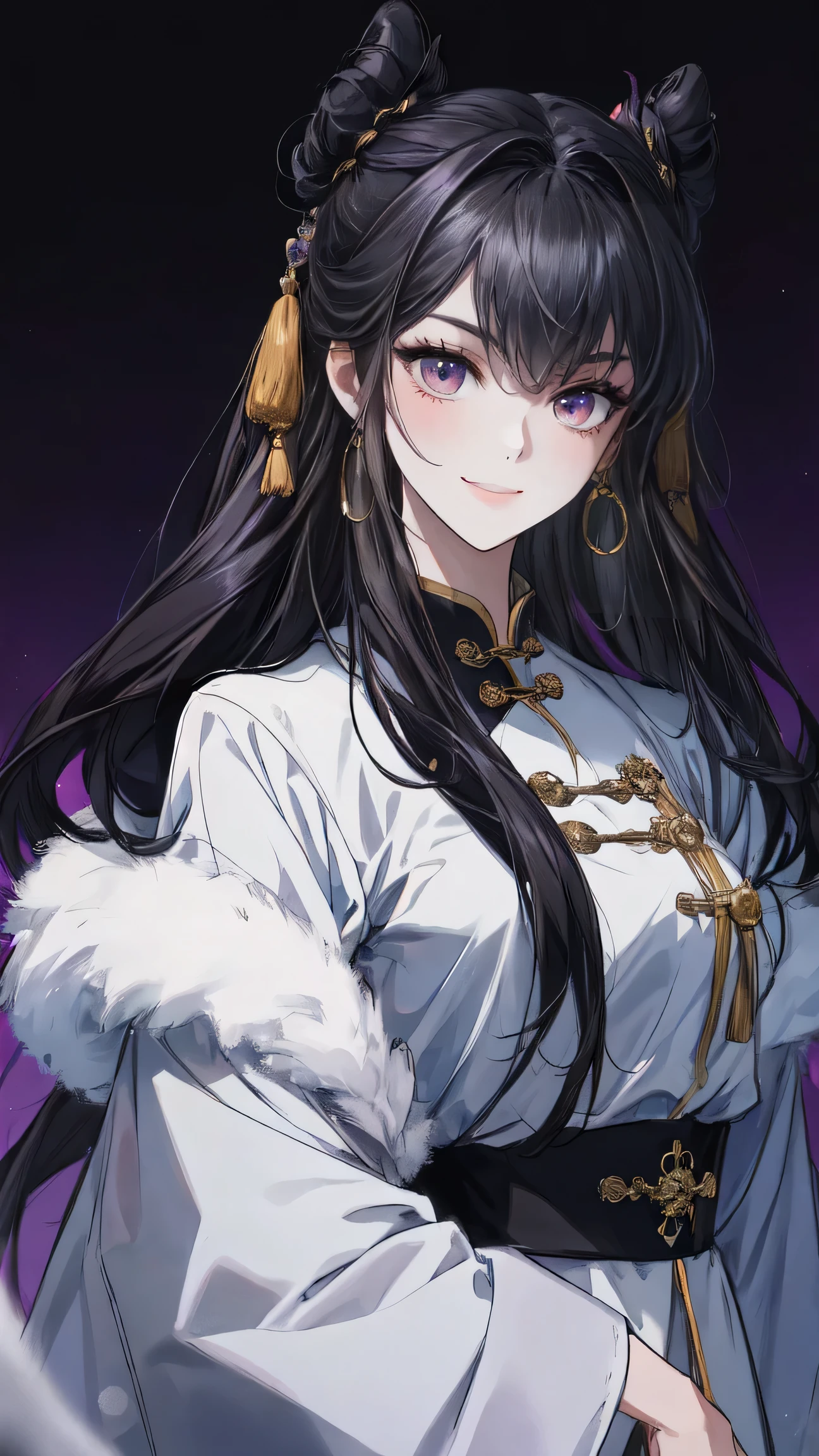 Masterpiece , best quality, 1 Xiao Wu , Face Color Looks Cool , Strong, Golden Left Eye , Red Right Eye , Long hair, Black hair, Firm Eyes , Simple Uniform , Black Long Earrings , Chinese Morden Hybrid , Front Photo , simple background, purple Background , Anime, illustration, Full body , bun hair , black fluffy animal coat on shoulders , girl