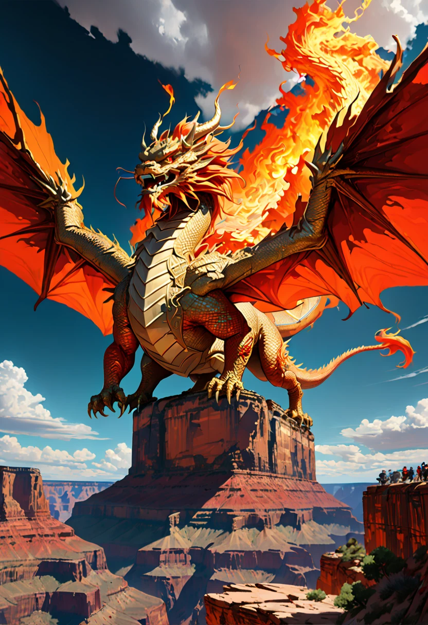 (The main subject: wide wide shot), The flame  orange, [Multicolored,(Chinese dragon anthropomorphism)], safe,dramatic clouds,(Go deep into the grand canyon), Rich details​, (Wide sky), (sense of vastness),Energy and vitality, Complicated details.(Best quality, A high resolution, tmasterpiece:1.2), (actual:1.37), HighDynamicRange。