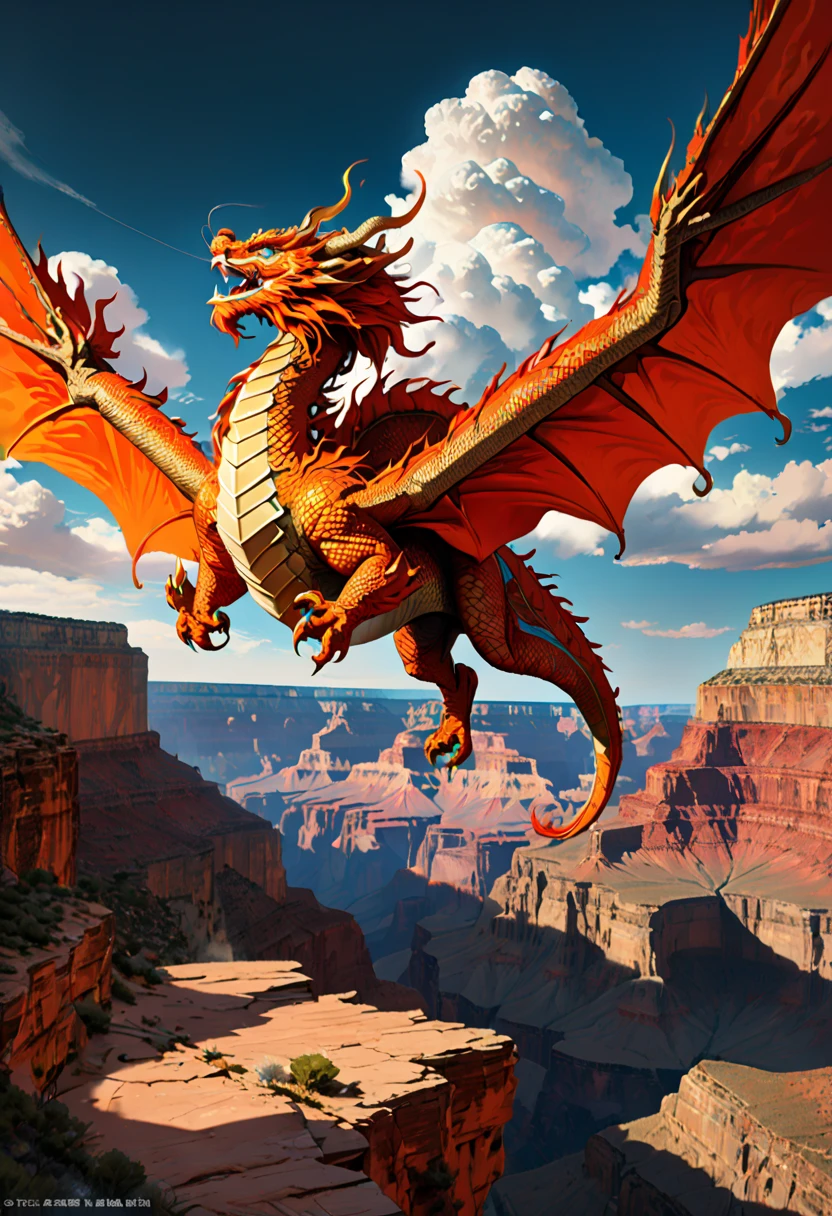 (The main subject: wide wide shot), The flame  orange, [Multicolored,(Chinese dragon anthropomorphism)], safe,dramatic clouds,(Go deep into the grand canyon), Rich details​, (Wide sky), (sense of vastness),Energy and vitality, Complicated details.(Best quality, A high resolution, tmasterpiece:1.2), (actual:1.37), HighDynamicRange。