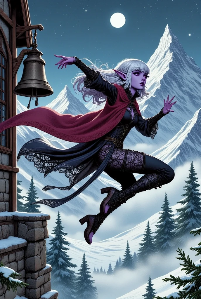 (Ultra-detailed face, Looking away, Fantasy Illustration with Gothic, Ukiyo-e. Dark tone colors.), BREAK 
(A young female dark elf mage is standing in the bell tower of a medieval Nordic-style church with a large bell hanging from it. She jumps from the bell tower, howling and screaming, diagonally high into the air, arms outstretched in a frightening puppet-like pose.), BREAK 
(She has pure white hair and eyebrows, blunt bangs, waist-length wispy hair, lavender eyes, small pink lips, dark purple skin, and dark, thick eyeliner.), BREAK 
(She wears a black ribbon tie, a black lace-up dress, and a red velvet cape. She wears braided sandals with black laces.), BREAK 
(The sky is a clear, starry winter sky with a small blue-white moon shining.)