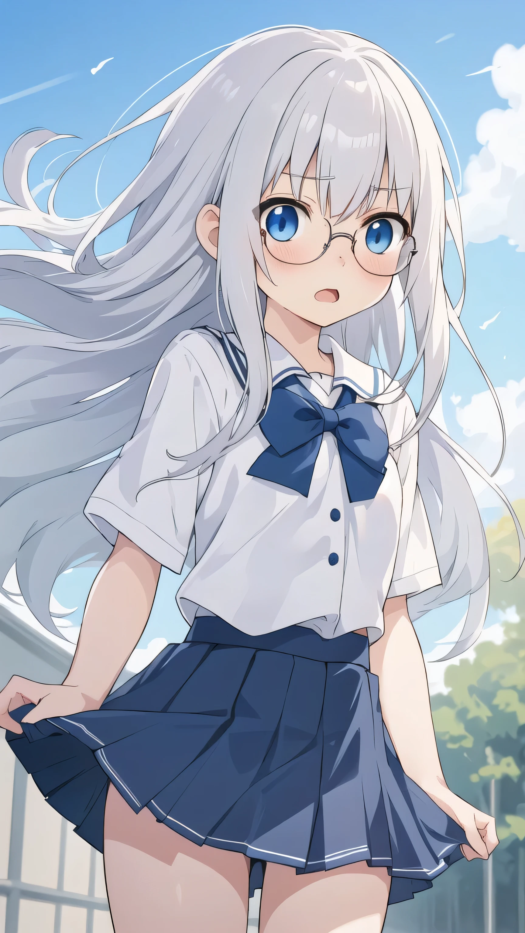 cute girl, anime, silver hair, straight hair, blue eyes, (young:1.3), (Small Bust :0.9), (cute:1.3), (middle bust:0.7), (cute girl:1.2), cowboy shot, cute, (slender:1.4), open mouth, shy, side shot, Glasses, cute, lower angle, white school uniform, (dark blue skirt:1.2), shy, outdoor, strong wind