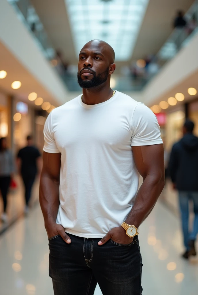 Um homem africano que se exercita em casa com cabelos pretos raspados pelas laterais e com corte nudred por cima, Dressed in a white tank top and blue shorts with muscular body and with a lion tattoo on his shoulder