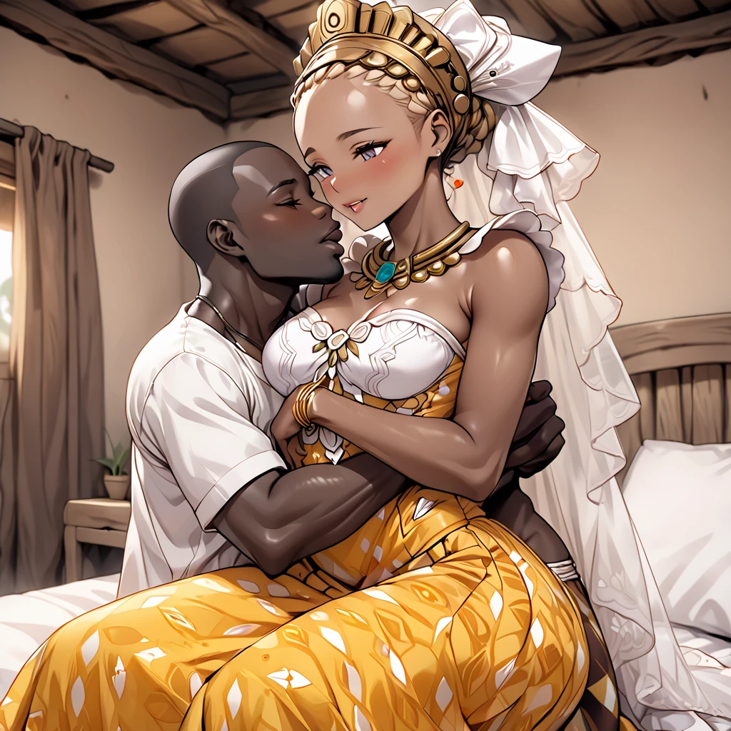 ((Highest quality)), ((masterpiece)), (detailed), (Perfect Face)、A naked man hugs a woman and has sex with her, making love、The woman is a Ghanaian born Tsukino Usagi with a vivid dark skin, black by birth, and is wearing a colorful Ghanaian dress from a Ghanaian village, a colorful turban head scarf, gorgeous jeweled accessories, and an engagement ring.、The woman was the elegant Tsukino Usagi, with short black afro hair tied up in a Ghana braid, wearing a colorful Ghanaian dress and a colorful turban head scarf, with vibrant dark brown skin, a natural-born black person, and a natural-born Ghanaian, Tsukino Usagi, the third wife of the elders.、(The woman is a black Ghanaian with vivid dark brown skin.)、A woman has sex with a man on a bed in a village in Ghana、The man is a naked, dignified, bearded, elderly Ghanaian village elder.、A woman marries an elder man and becomes his third wife.