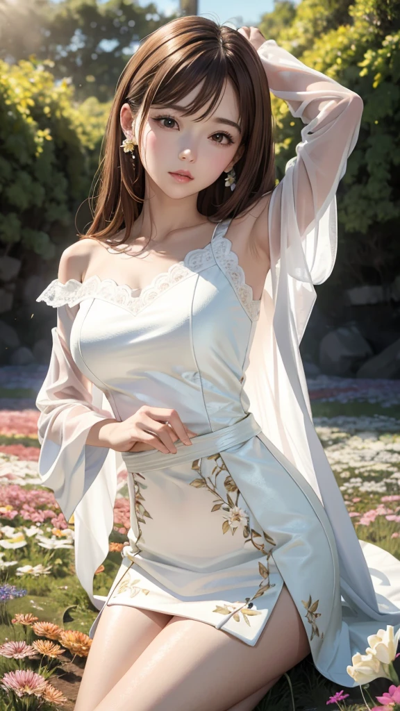 (best quality,4k,8k,highres,masterpiece:1.2),ultra-detailed,(realistic,photorealistic,photo-realistic:1.37),beautiful detailed eyes,beautiful detailed lips,extremely detailed eyes and face,longeyelashes,1girl,sundrenched garden with vibrant flowers,soft sunlight streaming through the trees,delicate floral patterns on her dress,subtle wind blowing through her hair,natural and effortless beauty,romantic atmosphere,portraits,colorful palette,soft pastel colors,ethereal glow,blush pink hues,subtle shadows and highlights,gentle and warm lighting