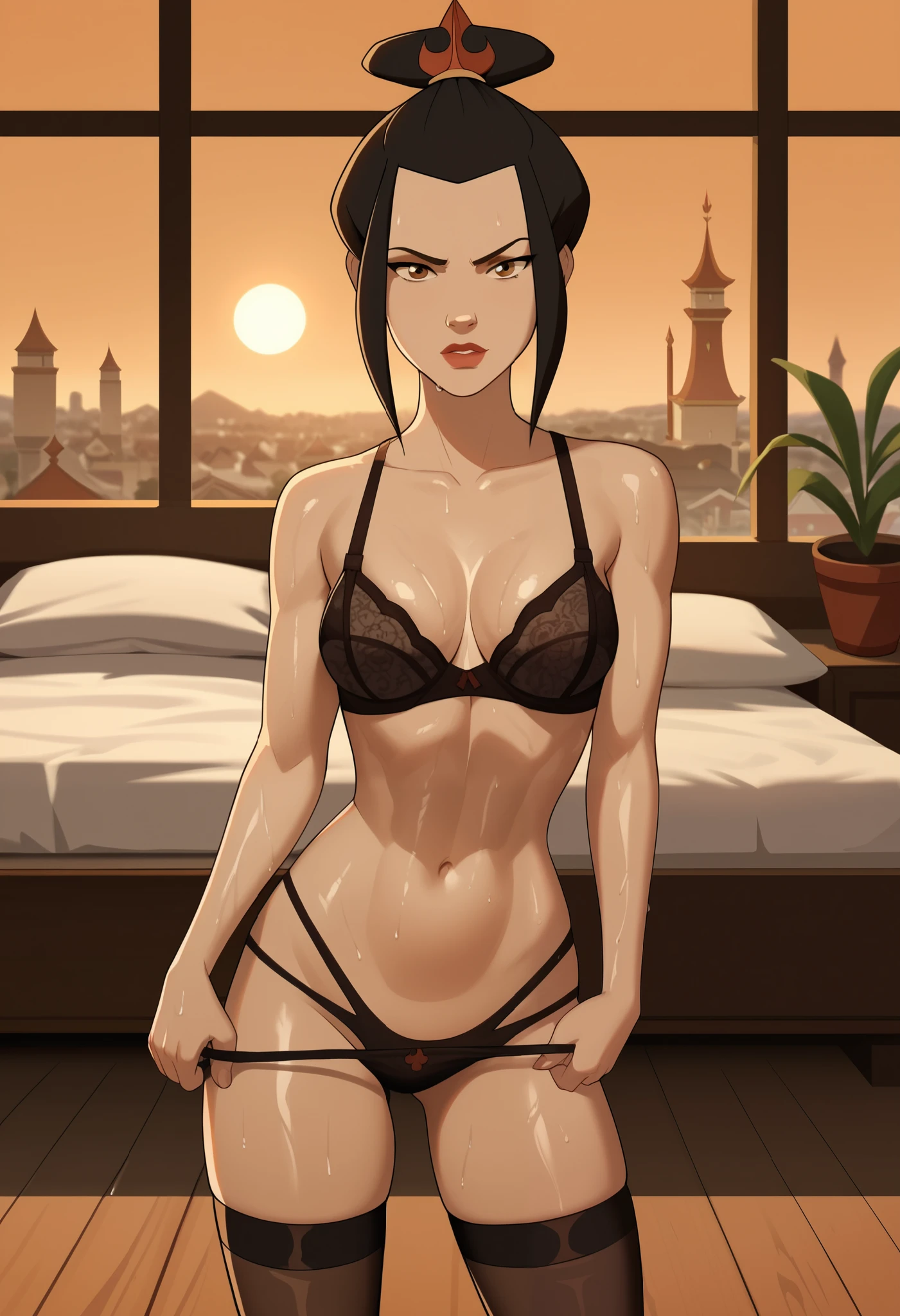 score_9, score_8_up, score_7_up, source_anime, azula, black hair, brown eyes, topknot, sidelocks, hair bun, single hair bun, solo, cowboy shot, sweating, wet body, dripping water, oiled up skin, shiny skin, sexy pose, seductive, flirting, looking at viewer, sexy black lingerie, sexy lingerie suspenders, sexy black stockings, sexy black bra, sexy black thong, standing on floor, pulling down panties, taking off her panties, bed in background, indoor plant, books on shelf, well-furnished bedroom, window, city, sunset, flare