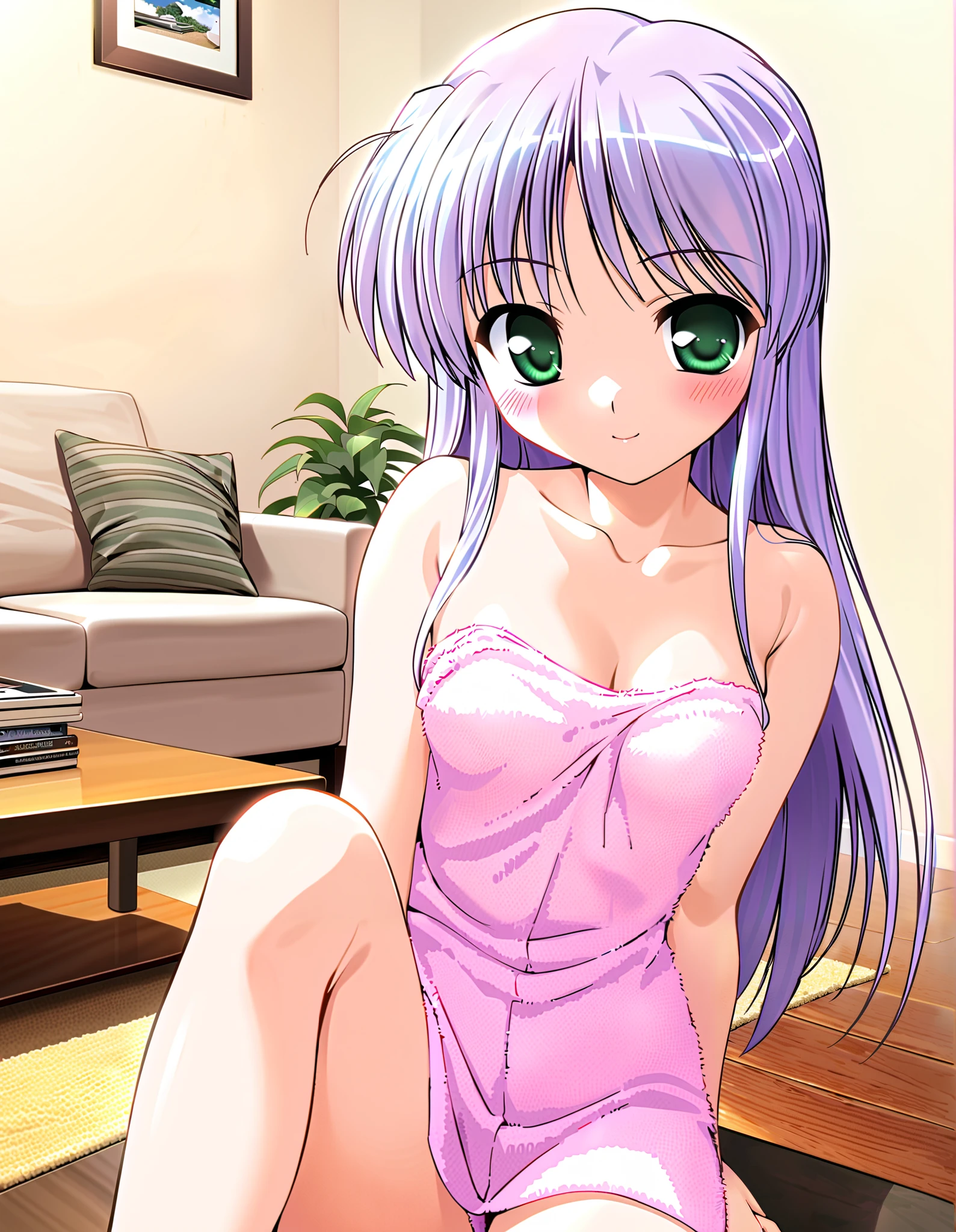 feena fam earthlight, Alone, (cowboy shot), green eyes, long hair, purple hair,  small breasts, ( naked bath towel ), (お風呂superiorり), (Red cheeks:1.2),  cleavage, (bright smile:1.1), ( living room), (Home),  score_9,  score_8_superior,  score_7_superior,  Source_anime, (best quality:1.2), 細部までこだわったanime,  high quality , full color, 8k,  high res