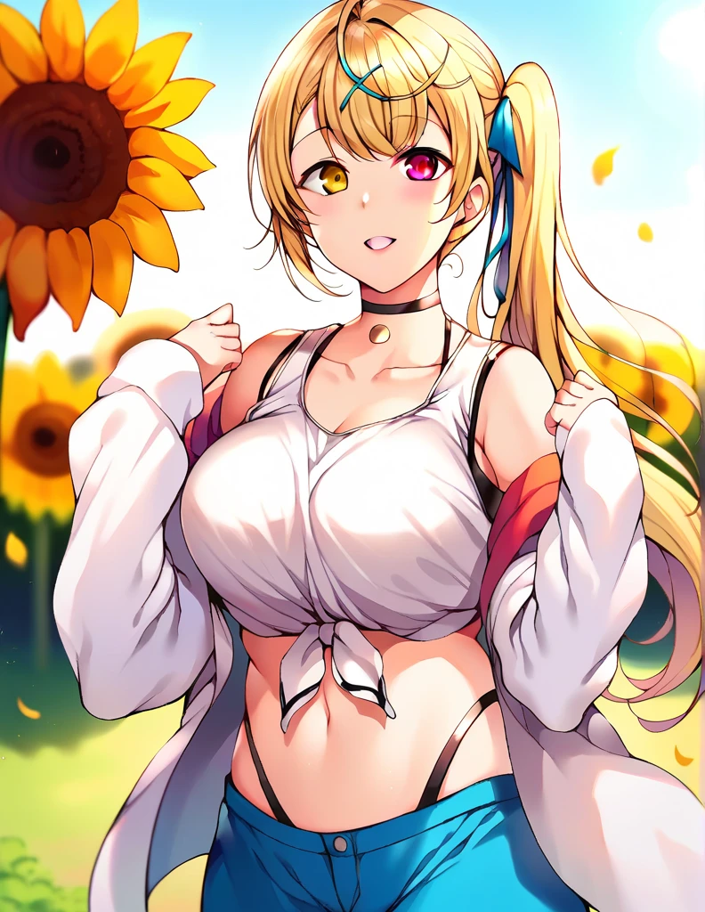 score_9, score_8_up, score_7_up, source_anime,
cinematic, dramatic, blurry background, depth of field, 
1girl, solo,  talking to vewer, cheerful, smile, parted lips,  looking at viewer, dynamic pose, 
outdoors, in flower field, sunflower,  petals,
 hskwsr, very long hair, blonde hair, side ponytail, bangs, hair ribbon,ahoge, x hair ornament, heterochromia, red eyes, orange eyes, large breasts,
default outfit, white  tank top,  front-tie top, bare shoulders, white  jacket, wide sleeves, open jacket, sleeves past fingers, blue shorts,  navel, midriff, collarbone, choker,  highleg panties,