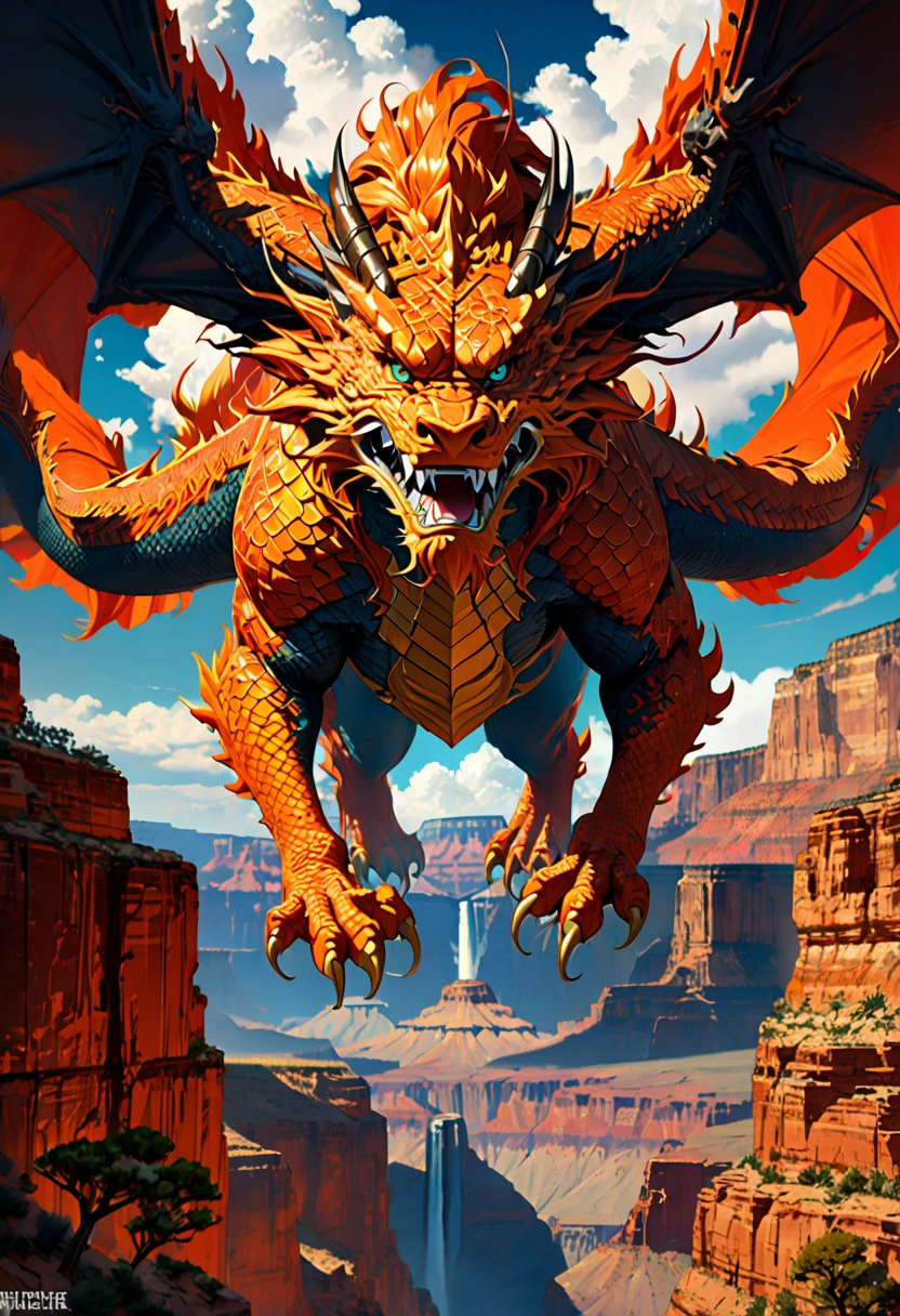 (The main subject: wide wide shot), The flame  orange, [Multicolored,(Chinese dragon anthropomorphism)], safe,dramatic clouds,(Go deep into the grand canyon), Rich details​, (Wide sky), (sense of vastness),Energy and vitality, Complicated details.(Best quality, A high resolution, tmasterpiece:1.2), (actual:1.37), HighDynamicRange。