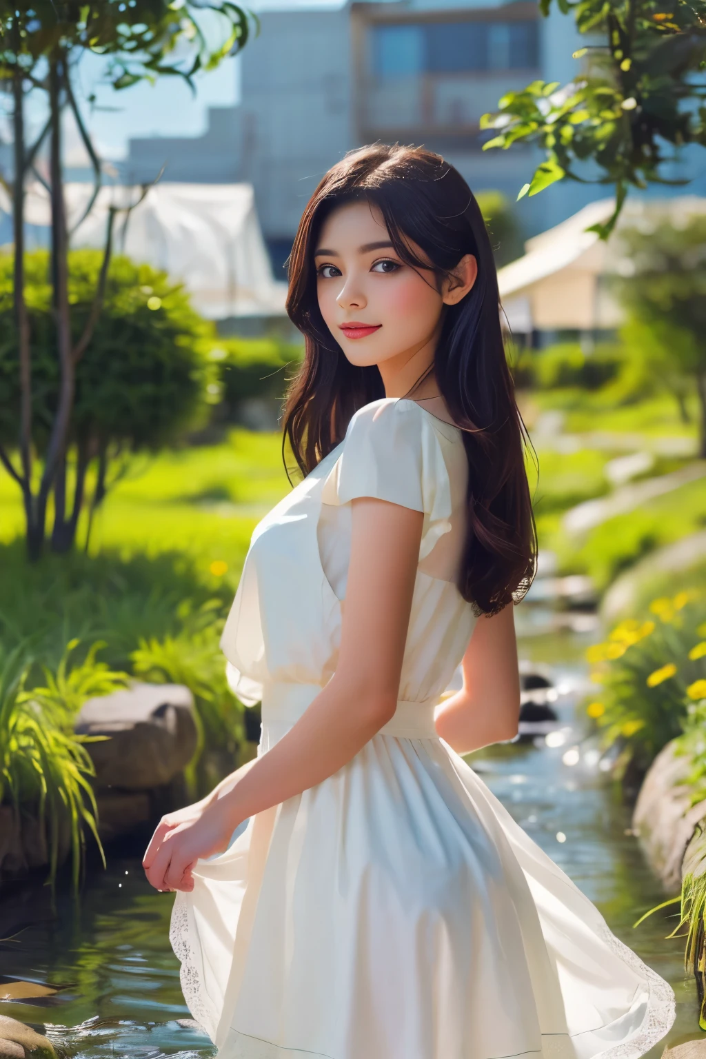 In a meadow, a girl is standing. She has long flowing hair and is wearing a colorful dress. The girl has beautiful detailed eyes, with long eyelashes, and her lips are also beautiful and detailed. The sunlight illuminates her face, adding a warm and radiant glow. The meadow is filled with vibrant flowers of various colors, creating a lively and colorful atmosphere. The surrounding trees provide shade and a sense of tranquility. In the distance, there is a gentle stream flowing, with crystal-clear water reflecting the sunlight. The scene is captured in a vivid and realistic style, resembling a high-resolution photograph. The colors are vibrant and saturated, creating a visually stunning image. The lighting is natural and soft, casting gentle shadows on the girl's face. The overall image is of the highest quality, with ultra-detailed features and a photorealistic appearance. The combination of the girl's presence, the vibrant meadow, and the serene stream creates a harmonious and enchanting scene.