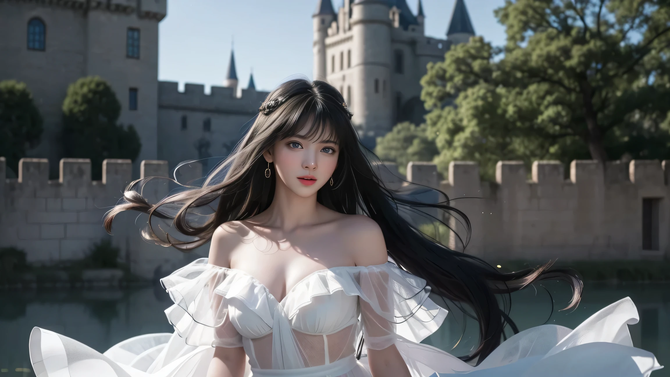 (Raw photo:1.2), (Photorealistic), Beautiful detailed girl, Very detailed eyes and face, Beautiful detailed eyes, Huge file size, High resolution, Very detailed, Best Quality, [masutepiece:1.6], Illustration, Very detailed, Fine detail, Best Quality, 8K Wallpaper, Movie Lighting,15 year old princess from the world of Ghibli, Ghibli Forest,Beautiful face, Underwear only,  ghibli style bra, ghibli style pants, Ghibli's Worldview, Ghibli-style castle