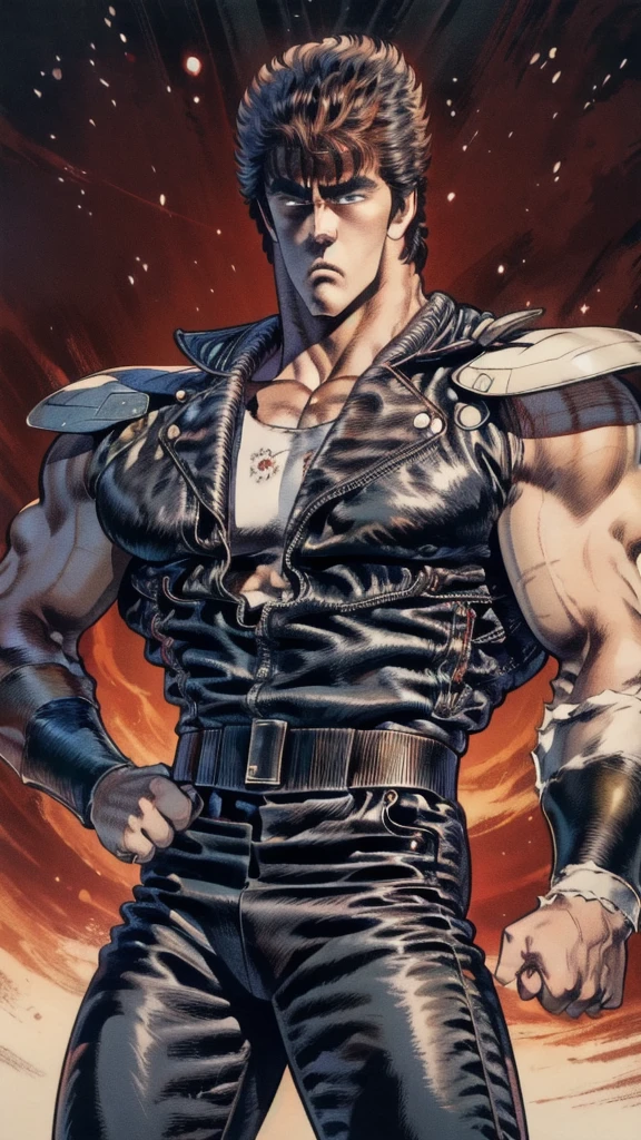  top quality 、Detailed skin depiction 、 detailed expressions 、 realistic skin texture 、  beautiful photo  、 Kenshiro from Fist of the North Star 、 upper body、Look at me with an angry face 、Put your arm in front of your chest, bend your elbow, and place your right fist on your left palm、I'm proud、 short hair、Dark Leather Pants, Red undershirt、 boots、 dynamic and tense atmosphere 、