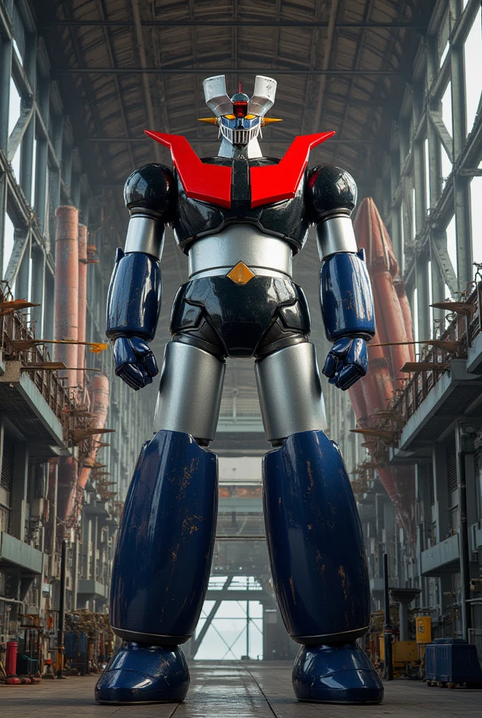  A very realistic version of the giant Mazinger Z  ,   standing smartly facing a machine hanger in the factory dock at a height of 48 meters　arsenal　Hazard lamps and crane poles  .   Constructed of modern materials such as steel  ,   Carbon Fiber  ,   Other industrial elements are also visible  ,   just like the real thing  ,  Beautiful appearance ,    realistic texture  , Iconic features such as the latest chest plate and head have been carefully recreated.  Installed at the Institute of Space and Space Sciences Chemical Repair Industry Production and Environmental Science Center  , Great Mazinger standing around  ,   are illuminated by natural light  、  a huge structure on the space development dock highlighted by realistic shadows . LED light factory 　