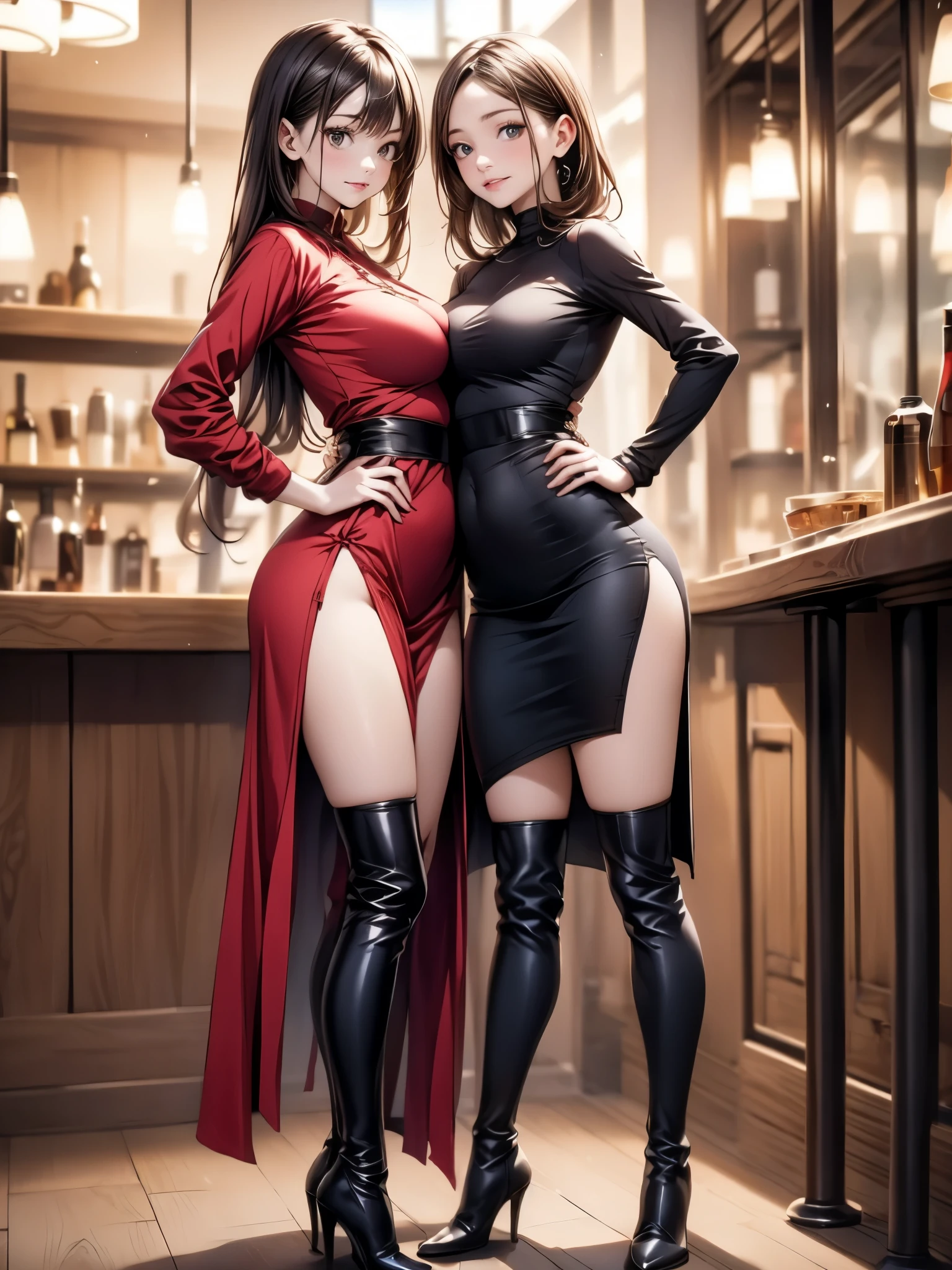 Brown Long Hair, Brown eyes, (Heavy makeup,Red lips)、 (50 years old、, Slim Face、Two Japan)、tall,8K, Perfect beauty: 1.4, Nikon Z 85mm, ((Best Quality)) ,((masterpiece)),Photorealistic, Shiny skin, Extremely beautiful, Perfect clavicle, ((Sexy strapless mini tight dress with slit)):1.2,a necklace、Standing in the middle of the night、Beautiful eyelids、ear ornament、( strapless long boots、Hypin Heel、Pointed toe):1.4、Full body shot:1.0、Sexy smile,NSFW:1.0