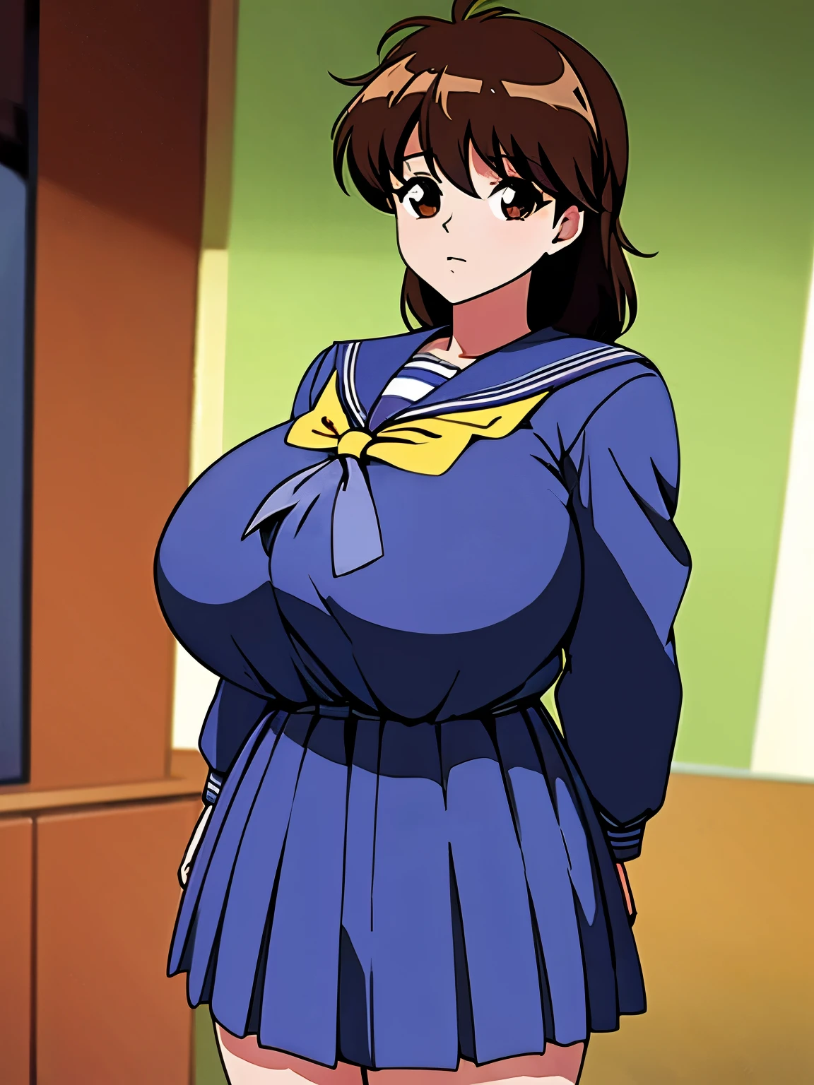 (masterpiece:1.2, highest quality:1.2), anime, illustration, 1 girl, alone, K3iko, skirt, brown hair, medium shoulder hair, long sleeves, brown eyes, serafuku uniform, sailor uniform, pleated skirt, blue skirt, neckerchief, ultra large breasts, ultra huge tits, ultra huge boob, ultra huge cleavages, (no back grounds), standing, ((look at viewer)), full body shot, 