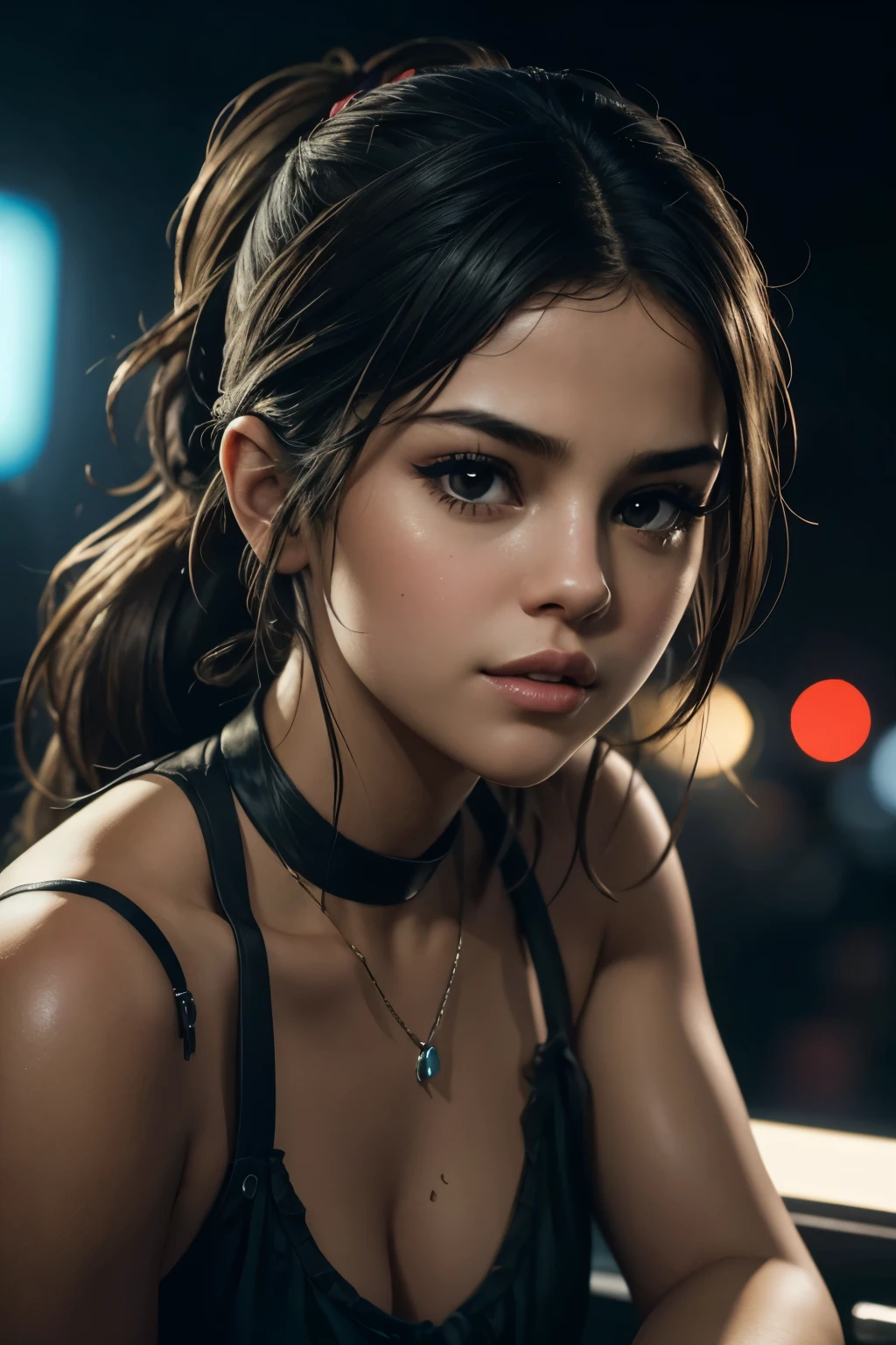  hyperrealistic contrast photo, Portrait Selena Gomez als Ellie aus The Last of Us, deep ponytail , head turning ( look at the viewer ,  eye contact : 1,3) ( face in close-up : 1,5), wrote,  chic trapeze dress by Balenciaga  ( open lips: 1,1) ( upper body: 1,5) (Counter post: 1,3), Profil,  at a film festival at night , Audiences and photographers ,